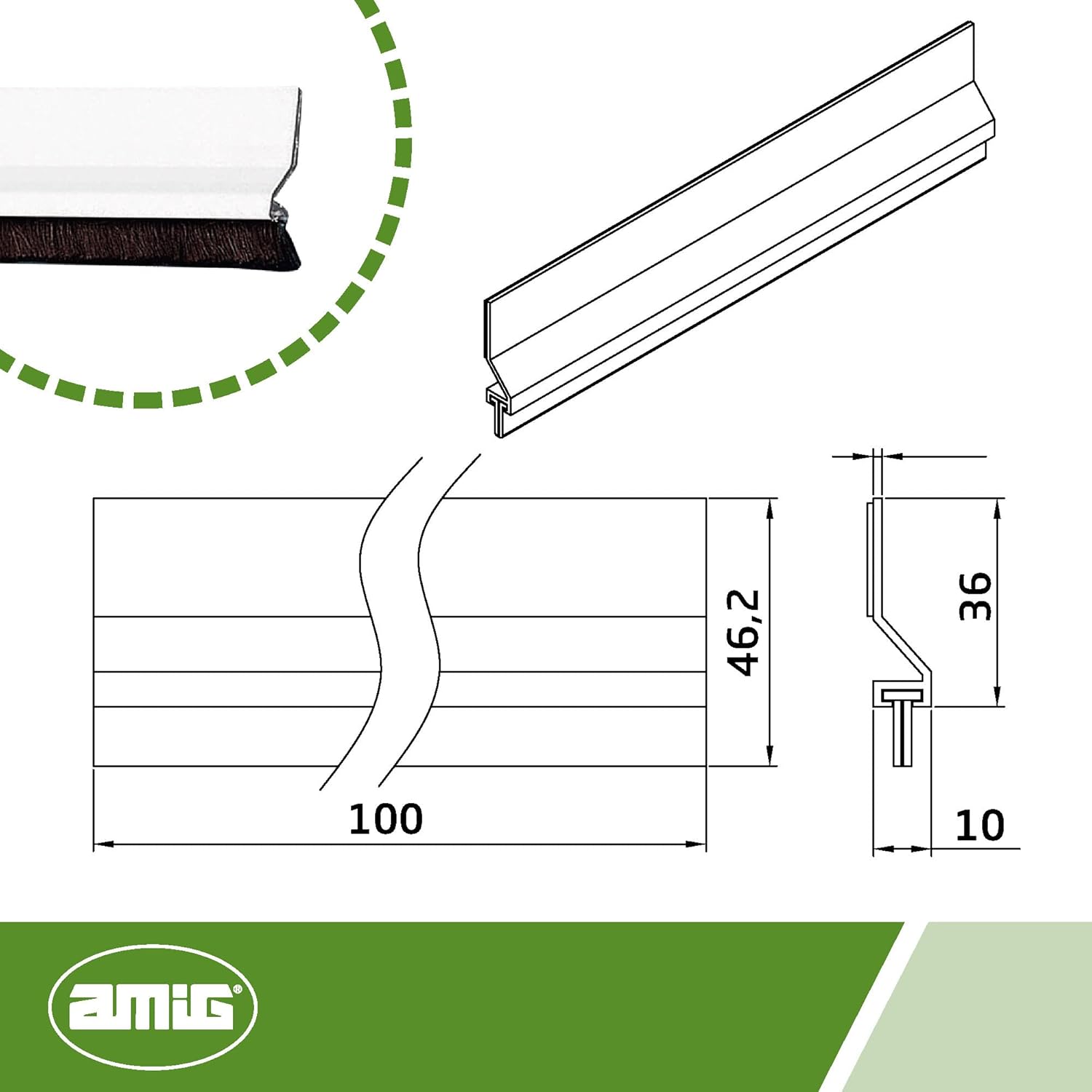 Amig - Adhesive Draught Excluder for Entrance or Passage Doors - 1 m - Aluminium and Plastic - White - Hair Brush with Intermediate Foil - Cold and Dust Insulation - Easy Assembly