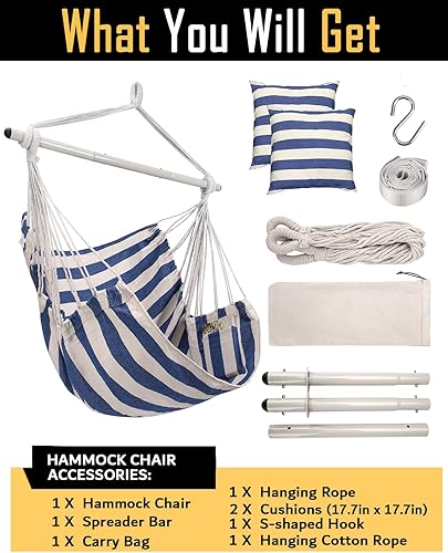 Miniatura 7 de ADVOKAIR Silla hamaca colgante grande para interiores con barra de extensión de acero antideslizante y bolsillo, máximo 500 libras, 2 cojines,