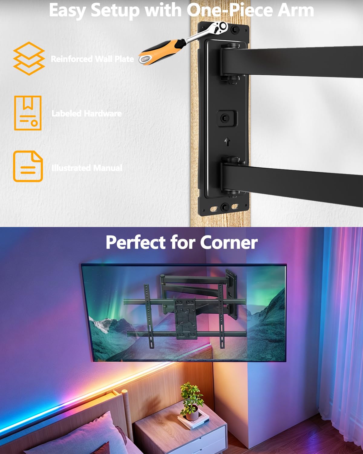 FORGING MOUNT Support Mural TV avec Lumières LED pour Télévision de 37 à 75 Pouces Jusqu'à 45kg, Support TV Mural à Longue Portée 1015mm Pivot Inclinaison et Rétroéclairage Musical, VESA Max 600x400mm