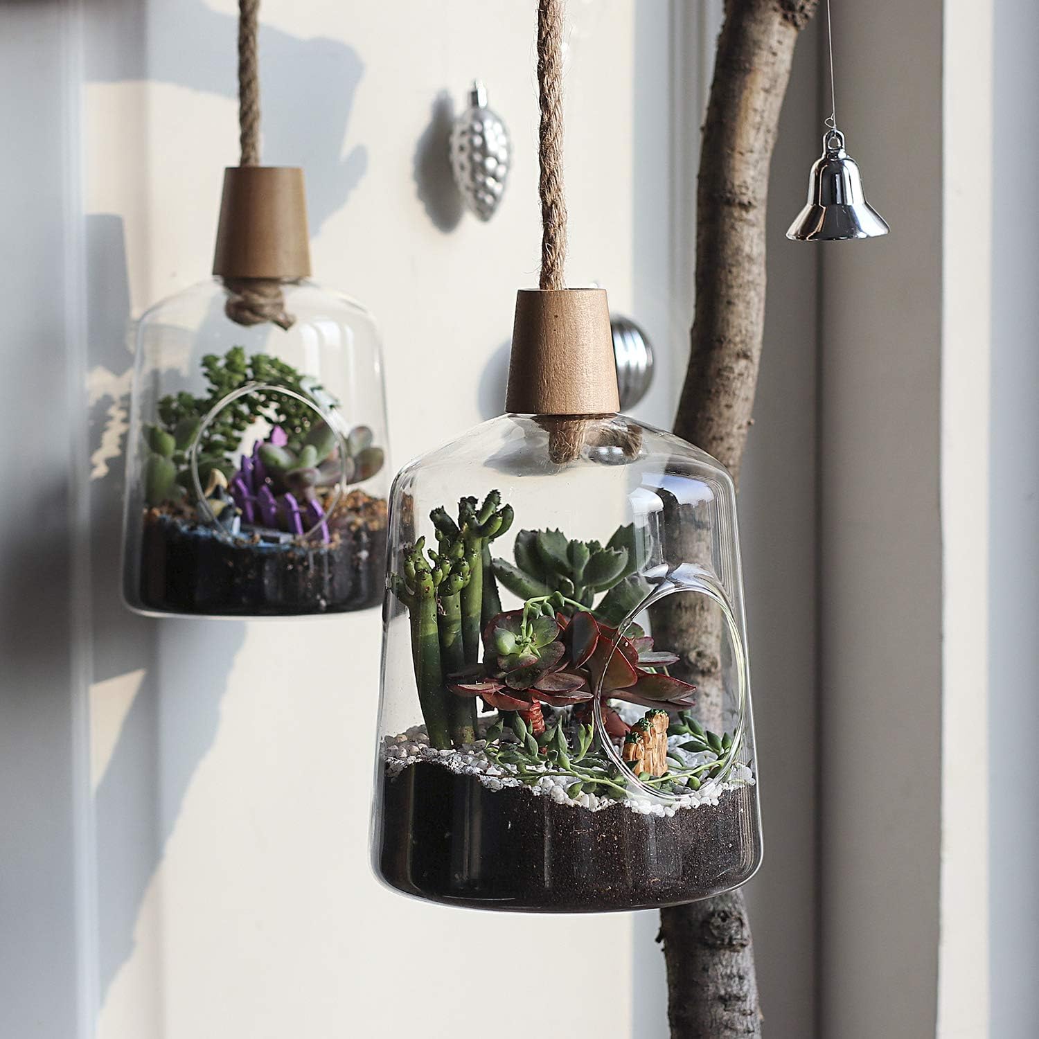 Set of 2 Glass Hanging Planter Terrarium Containers, Air Plant Hanging Holders with Rope, Succulent Air Plant Holders (5.9 inches x 8.9 inches+ 4.5 inches x 7.3 inches)