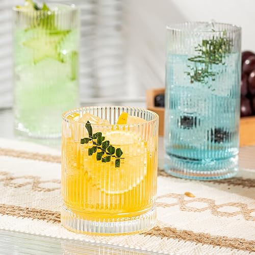 Miniatura 5 de Juego de 4 vasos de vidrio acanalado, vasos de vidrio vintage de 10.3 fl oz, vasos de cóctel, cristalería acanalada de bola baja, juego de