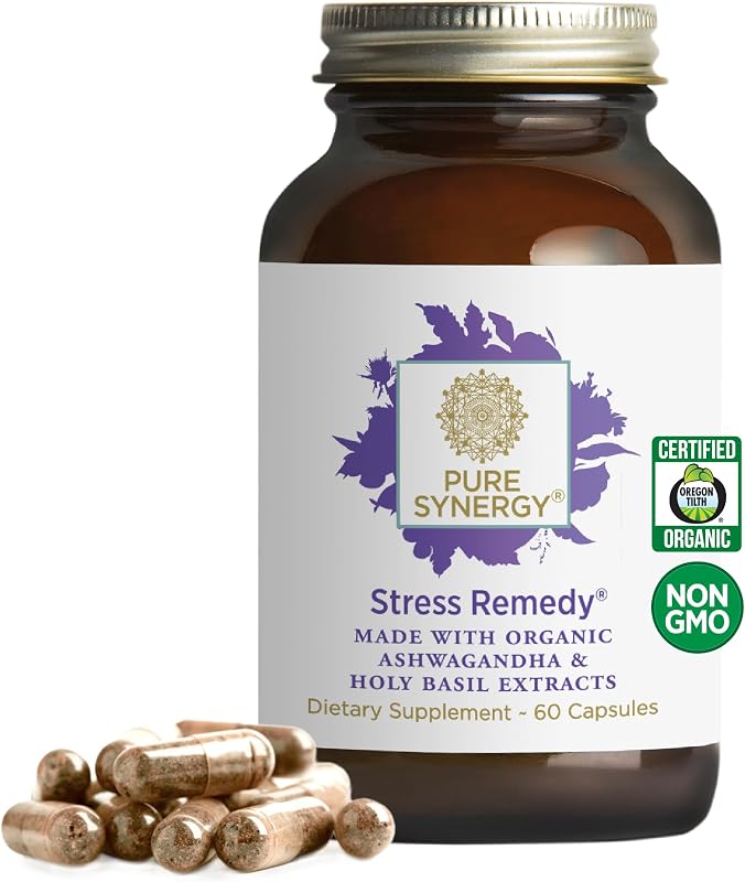 PURE SYNERGY Stress Remedy Supplement with Ashwagandha (60 Capsules) | Organic Adaptogen Support from Lemon Balm and Holy Basil, For Stress Relief, Adrenal Health, & Mood Support