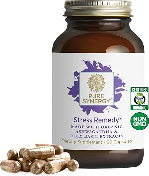 PURE SYNERGY Stress Remedy Supplement with Ashwagandha 60 Capsules | Organic Adaptogen Support from Lemon Balm and Holy Basil, For Stress Relief, Adrenal Health, Mood Support