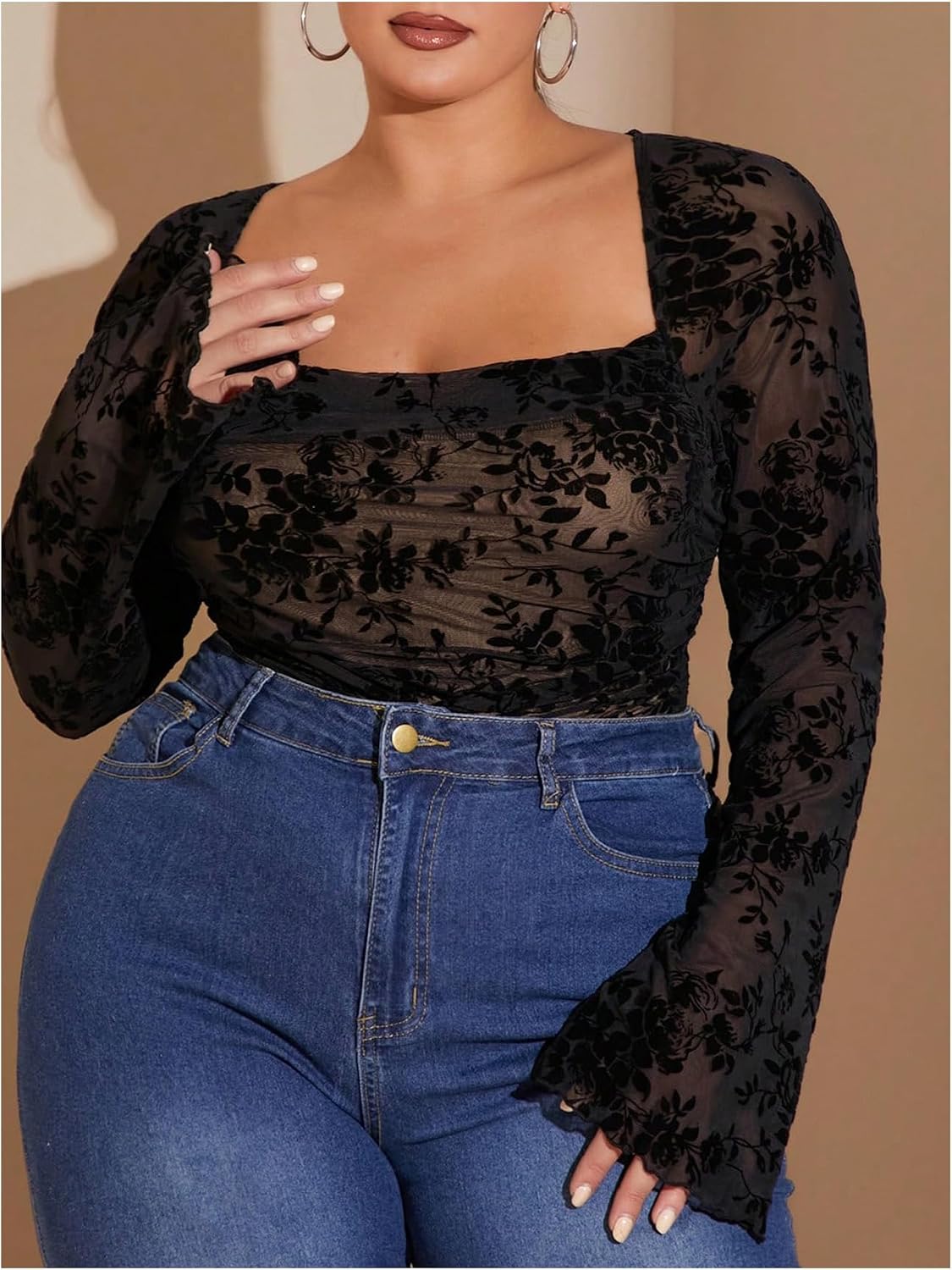 WDIRARA Women's Plus Size Floral Long Bell Sleeve Bodysuit Square Neck Mesh Body Suit