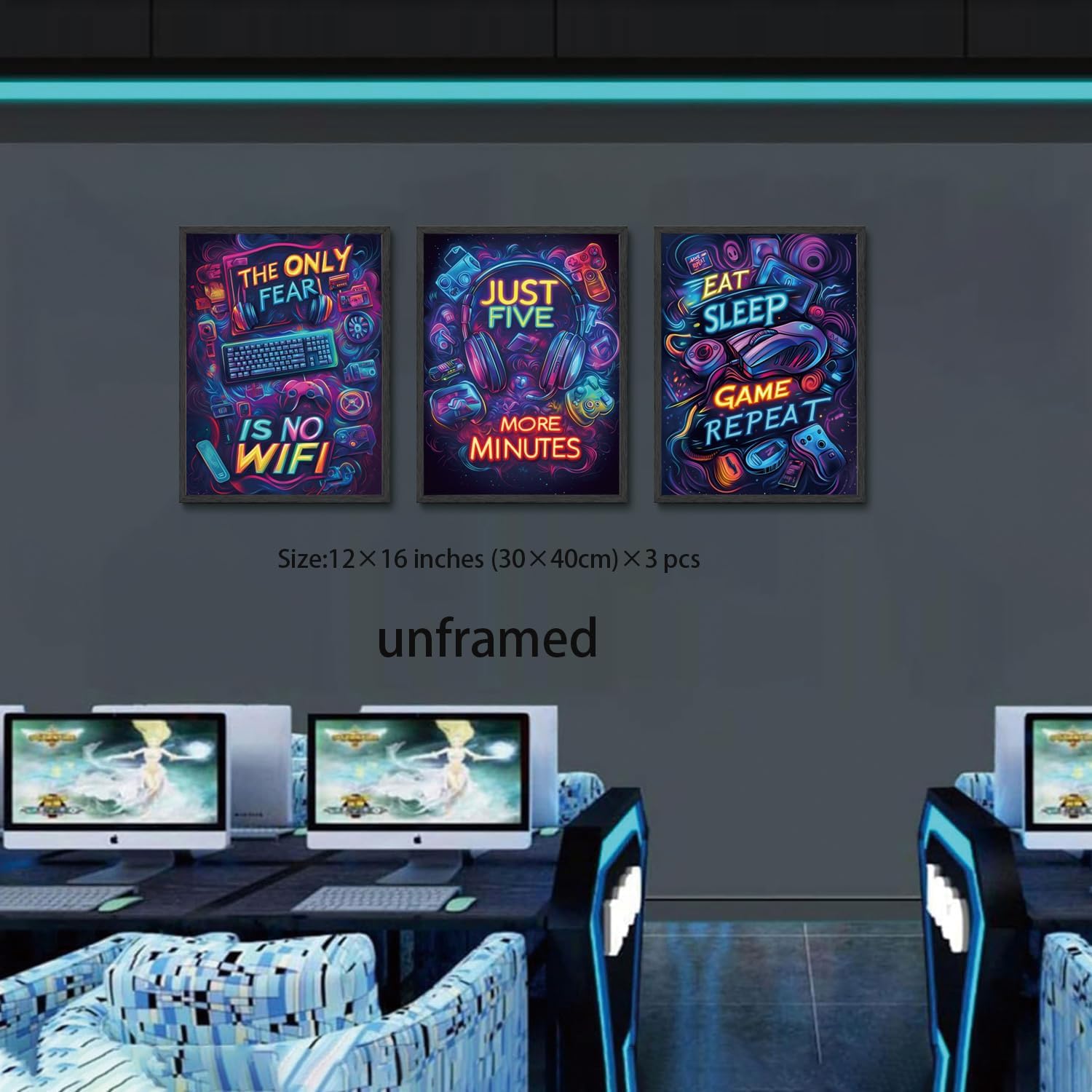 Yolbcdr Neon Gaming Posters Video Game Wall Art Prints Set of 3 Game Room Decor Gaming Sign Painting Playroom Cool Pictures Gamer Wall Decor for Boy Teen Men Bedroom Bathroom 12x16in Unframed - Image 2
