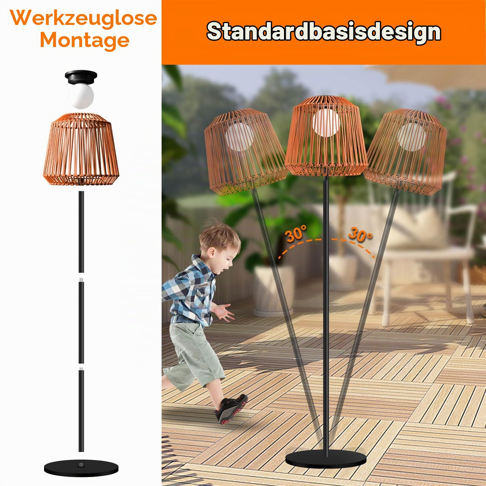 Solar Stehlampe Outdoor Rattan, Terrassenlampe Garten, USB & Solar Aufladung, 3 Helligkeitsstufen, IP65 Wasserdicht, Warmweiß LED Stehleuchte für Terrasse Balkon Veranda Wohnzimmer
