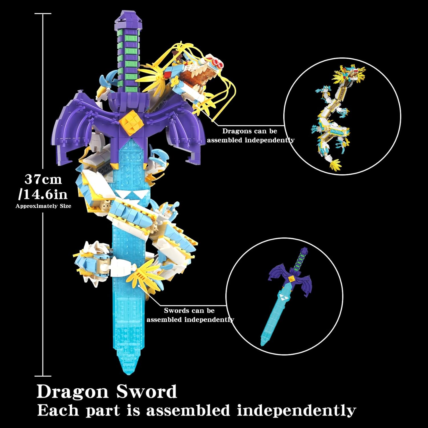 SAMYBLOCKS 1433PCS The Master Dragon Swords Building Blocks Toys(Mini Bricks),A Unique Sword with Dragon Connection Base with Led Lighting,TOTK Decoration Display Gift for 14+
