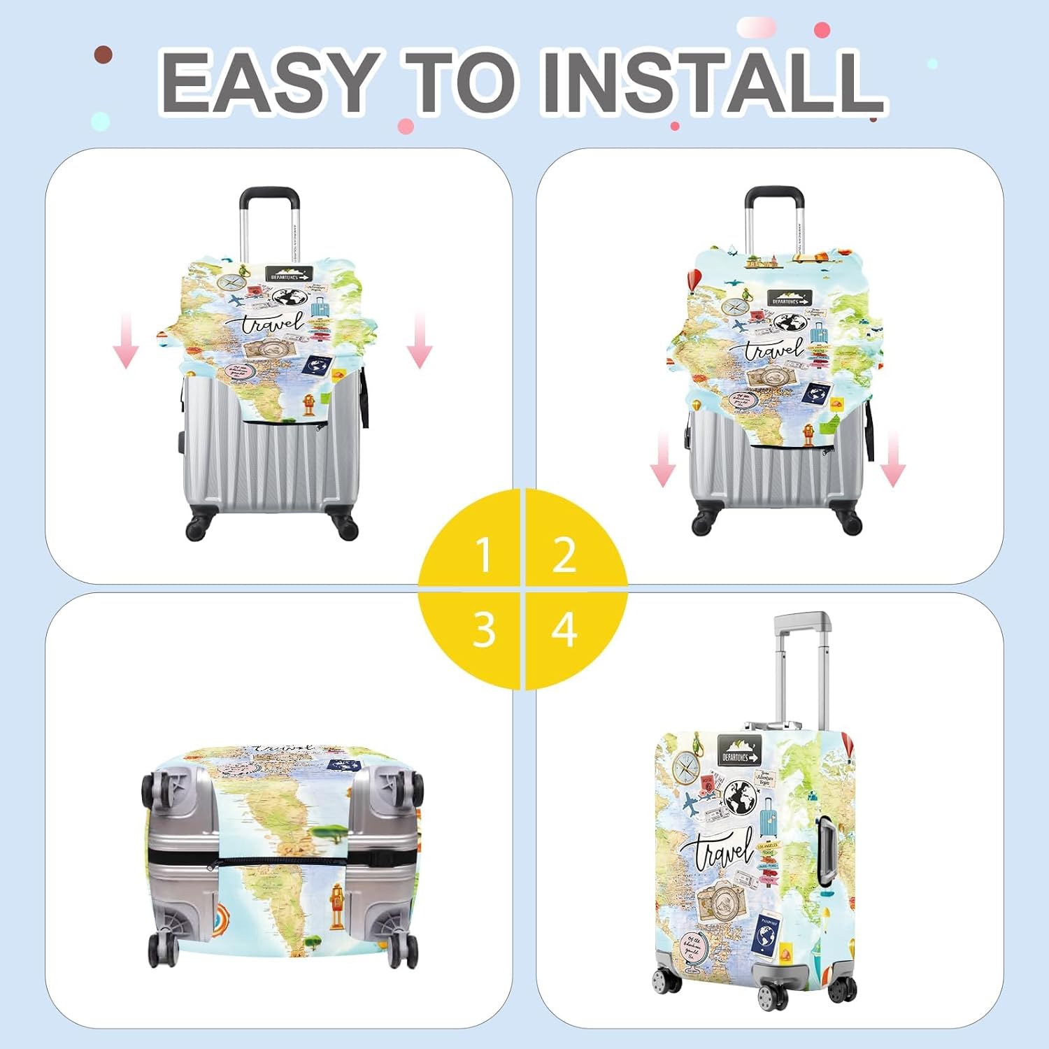 ANNA QUEEN Travel Collage Luggage Cover, World Map & Sticker Style Suitcase Protector for 32-34 Inch Travel Bags