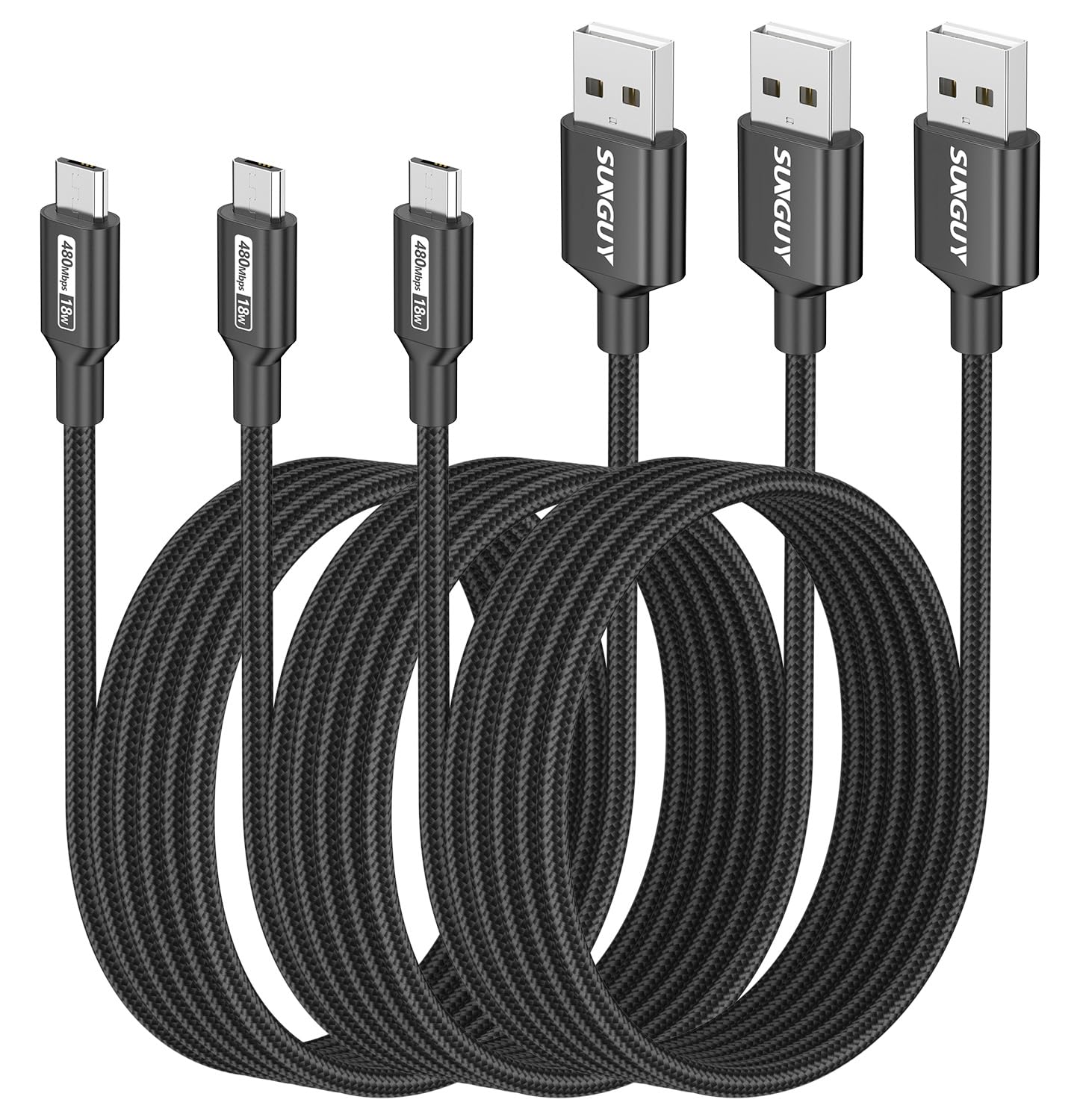 SUNGUY Cavo micro USB 2.0 intrecciato da 2m, 3 pezzi 18W ricarica rapida e sincronizzazione dati, compatibile con Samsung Galaxy S6 S7 Edge, Tab 4, Note 5, Kindle (nero)
