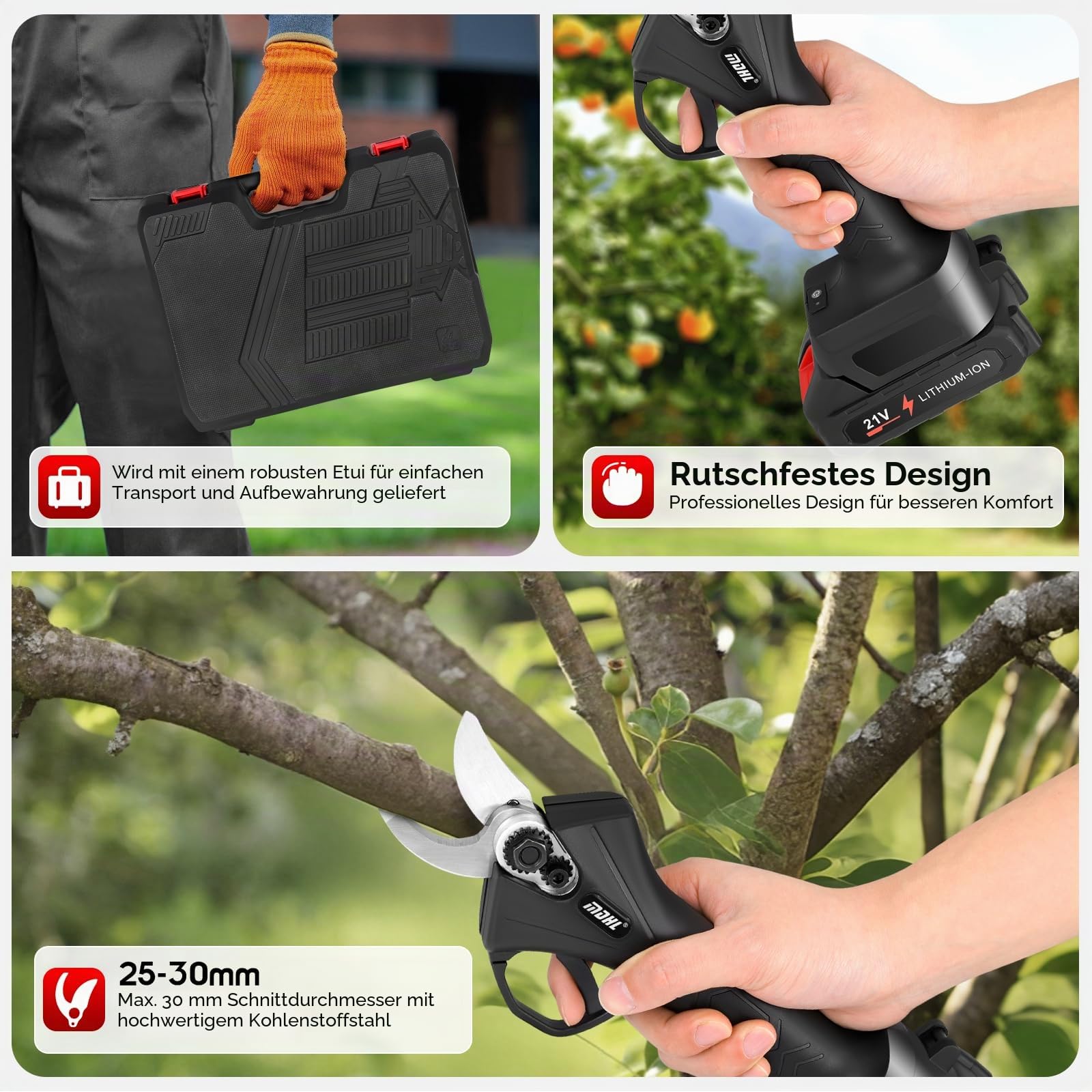 Akku Astschere, Kabellose Elektroschere 35 mm Schneiddurchmesser, Professionelle Gartenschere mit 2 Wiederaufladbaren 21V 2000mAh Akkus LCD-Display zum Beschneiden von Bäumen Sträuchern Obstbäumen