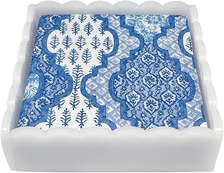 MARIPOSA PROVENCAL COTTON BLUE WHITE SCALLOPED COCKTAIL NAPKIN BOX SET| WHITE | BRILLANTE | GIFTS | NAPKIN BOX & WEIGHT SET | ACRYLIC | HANDMADE IN MEXICO