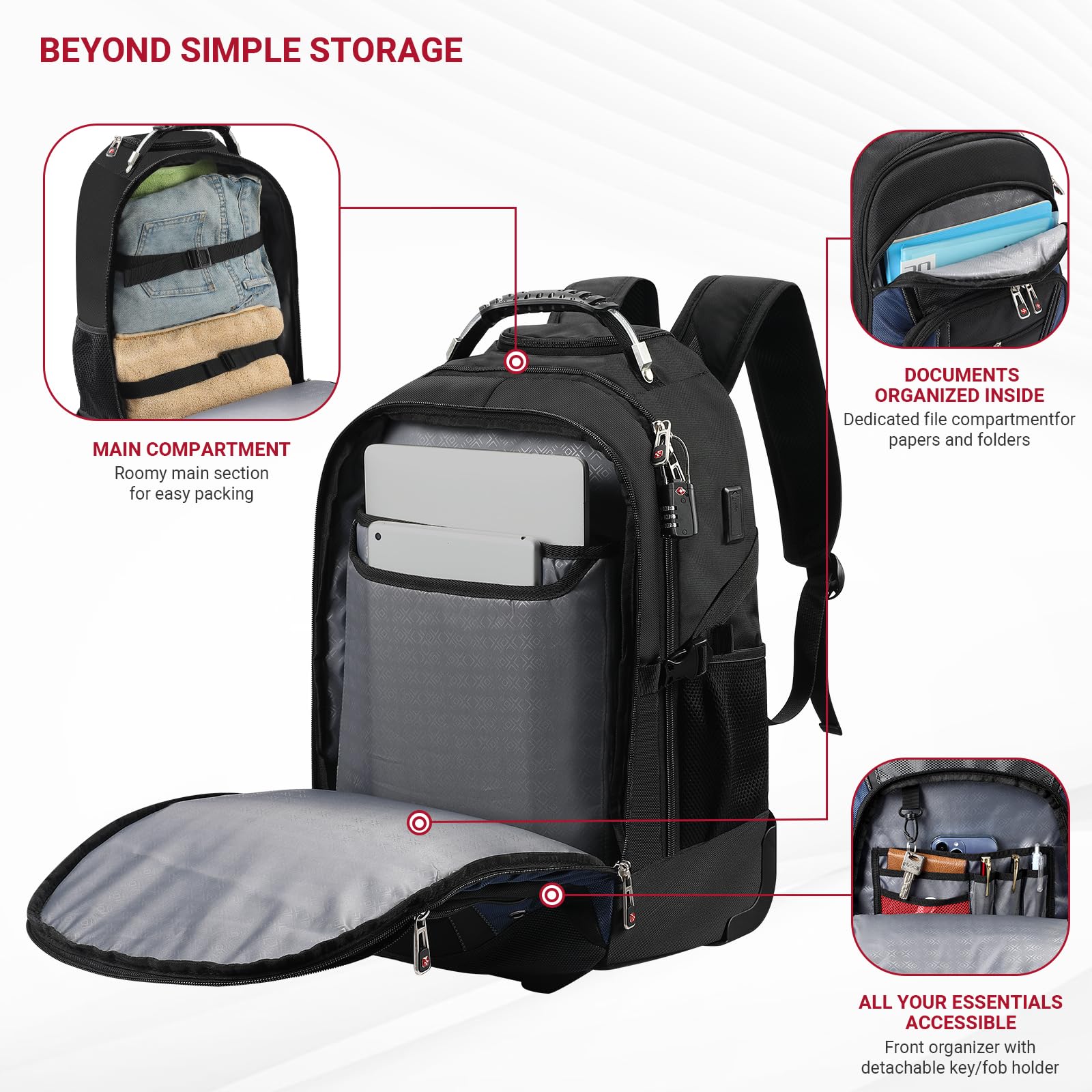 star cloud Rucksack mit Rollen 17,3 Zoll Laptop Rucksack, Business Rucksack Herren 45L, wasserabweisend mit USB und Typ-C Anschluss, Handgepäck geeignet für Reise und Arbeit