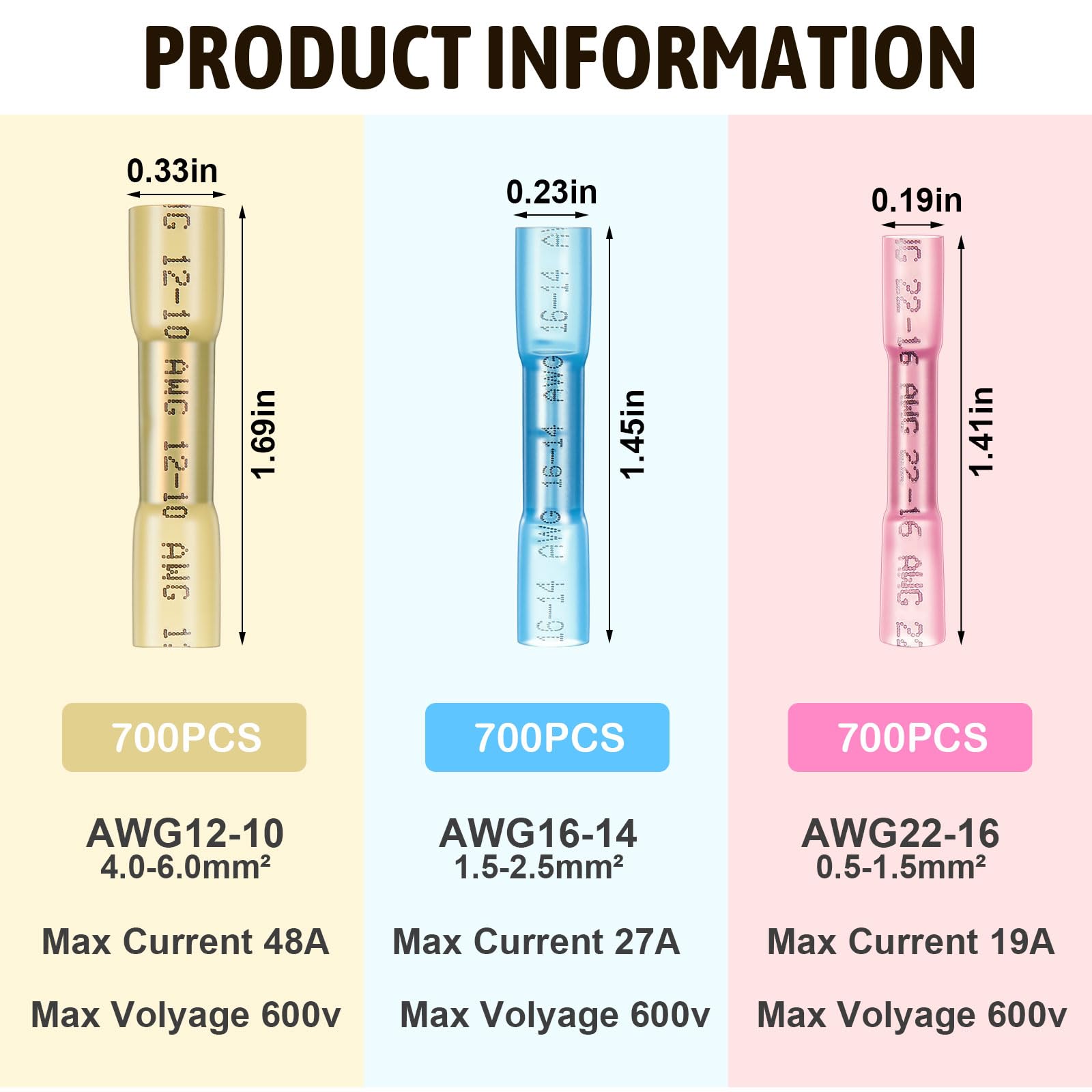 Copkim 2100 conectores termorretráctiles, 16-14 AWG 22-16 AWG 12-10, conector de cable eléctrico de crimpado impermeable, empalme de alambre aislado para barcos, cables, cableado, automoción, hogar
