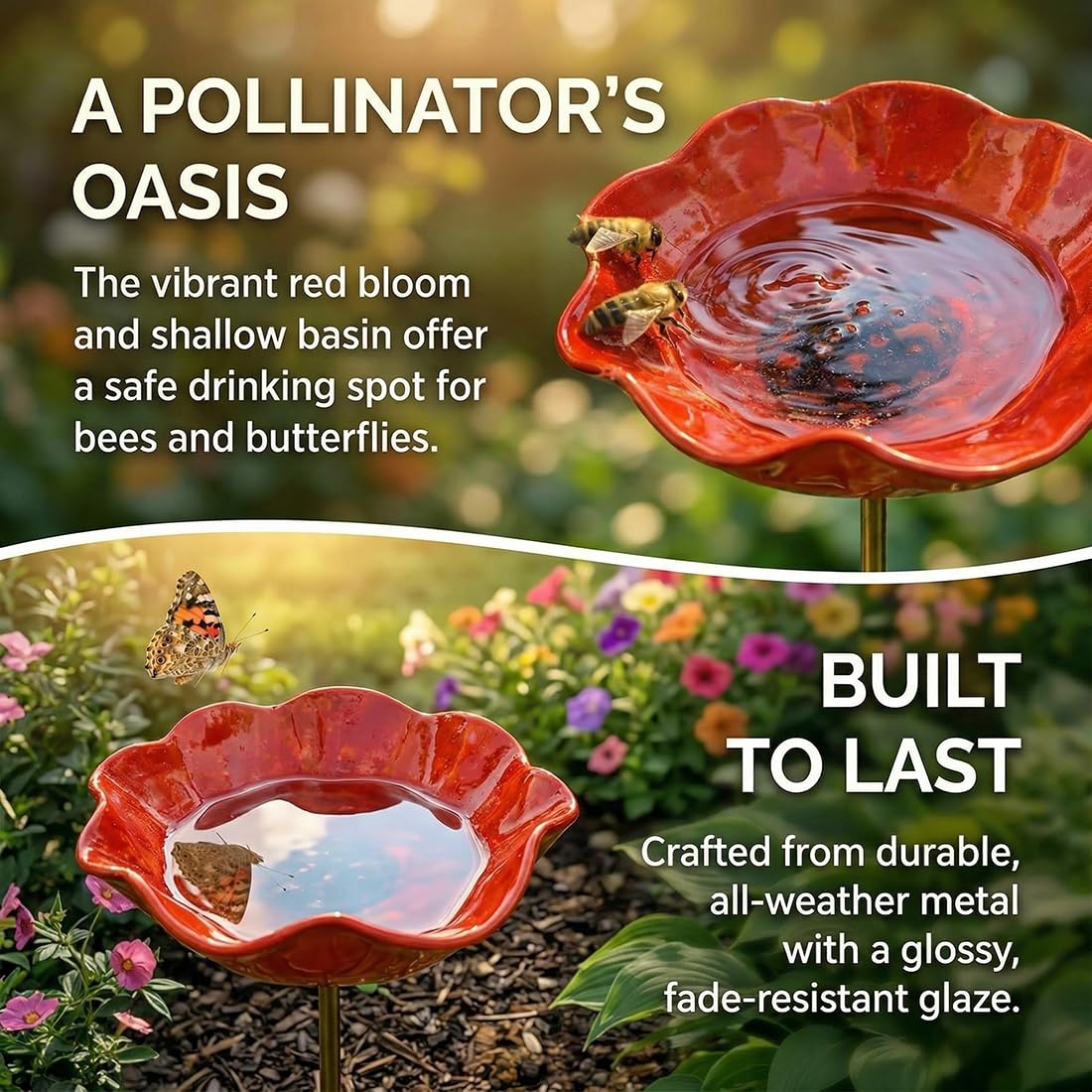 Paletto da giardino in metallo a forma di fiore, abbeveratoio per uccelli resistente alle intemperie e stazione per impollinatori con tappo di terra per giardino, prato e patio (2pc)