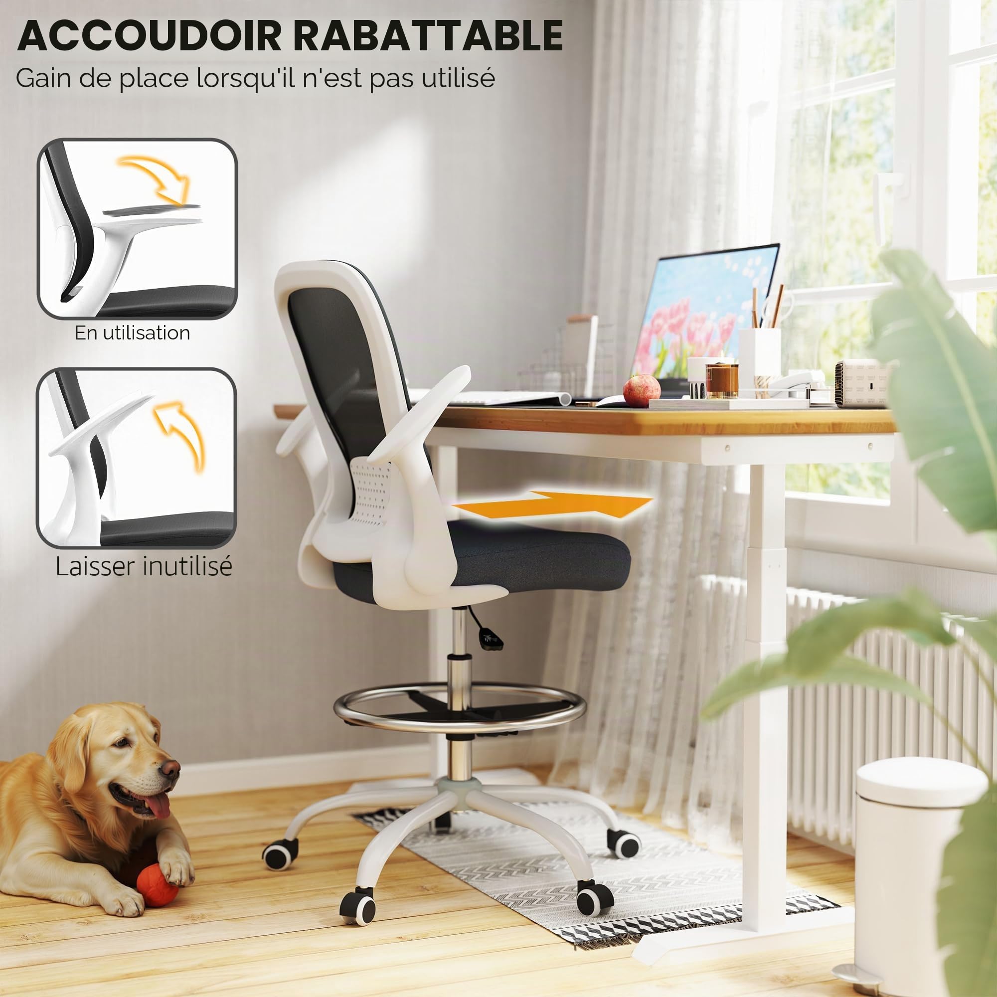 HOMCOM Chaise de bureau haute ergonomique avec accoudoirs rabattables, dossier en maille, soutien lombaire, anneau de pied réglable, roues pivotantes, pour bureau debout, noir et blanc