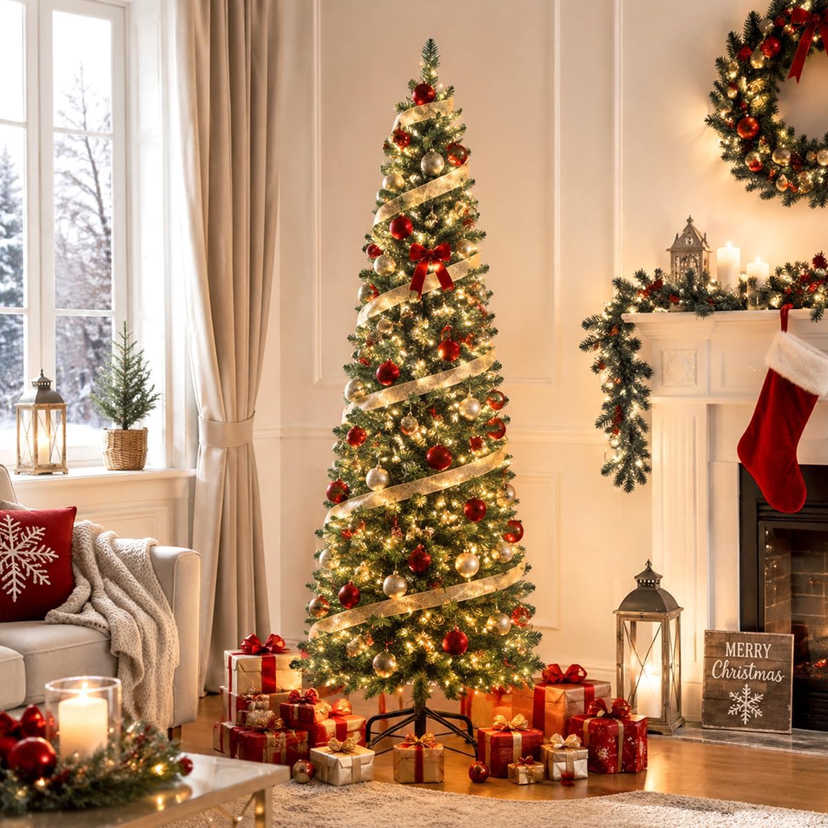 6ft Pre-Lit Slim Artificial Christmas Tree - 260 Warm White LED Lights, 600 Realistic Tips, Foldable Metal Stand - Family & Pet-Friendly, Easy Setup for Holiday Magic