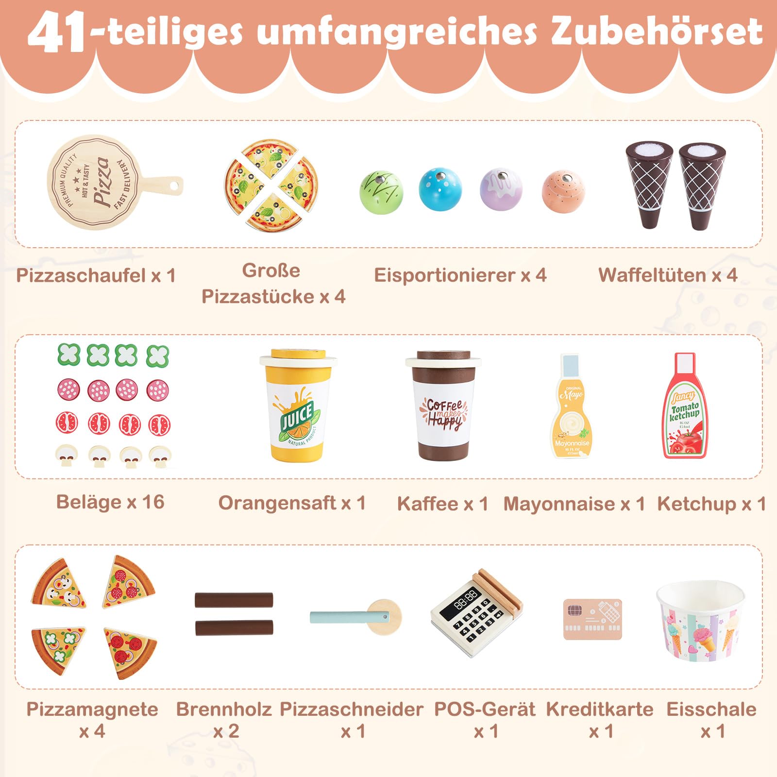COSTWAY Drewniany wózek do lodów dla dzieci, wózek do pizzy z 41 akcesoriami, w zestawie zestaw do pizzy i lody, sklep z piekarnikiem, tablica magnetyczna i automat kasowy, sklep z lodami do pizzy dla