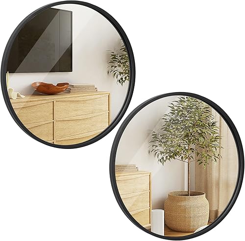 ZenStyle Espejo de pared circular de 18 pulgadas x 2 pulgadas, color negro, espejo de baño con marco de metal grande con ganchos prefijados para un