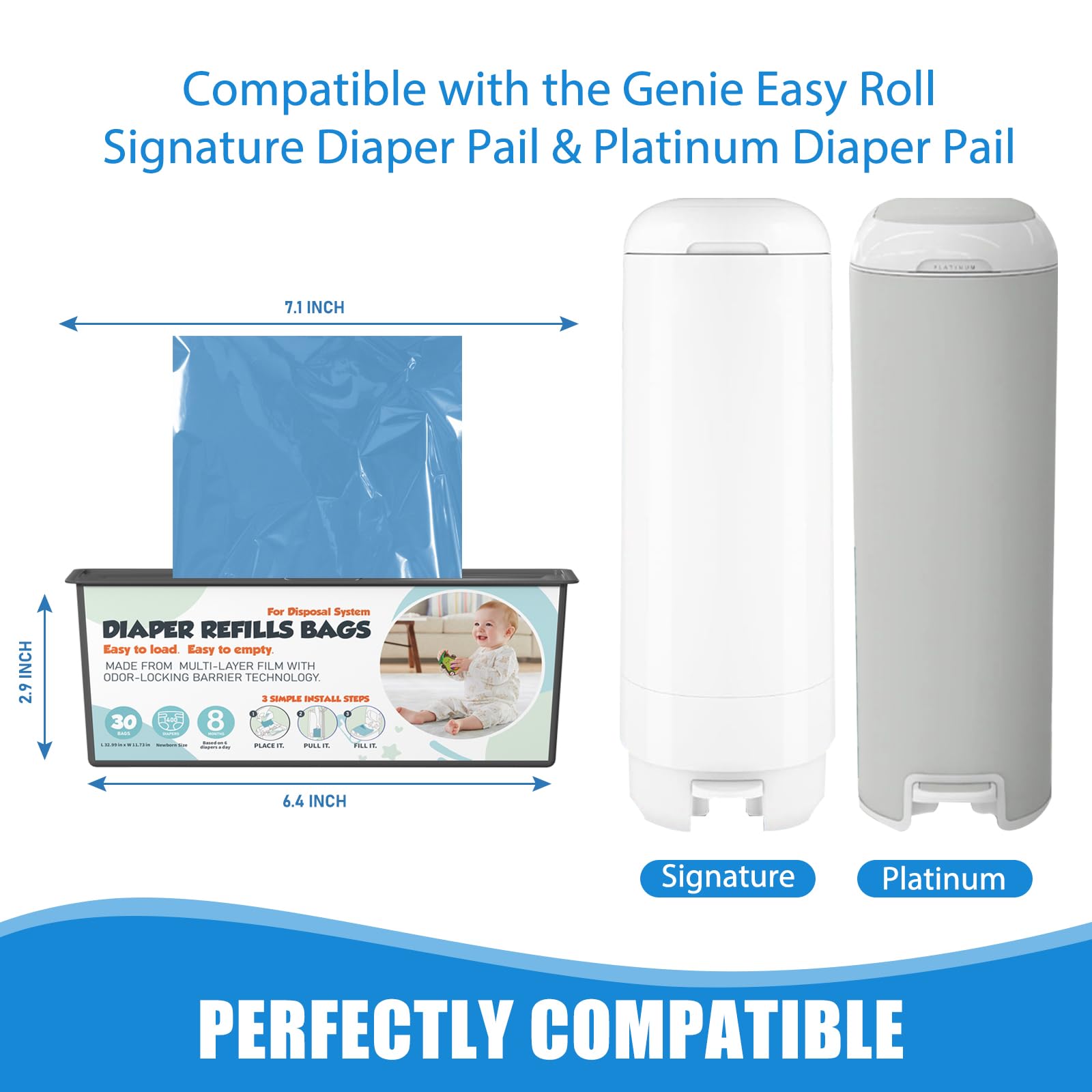 Sacchetti di ricarica per secchi per pannolini con 30 sacchetti (profumo di talco per bambini) compatibili con Genie Easy Roll Signature e Platinum, tecnologia a barriera antiodore a 7 strati