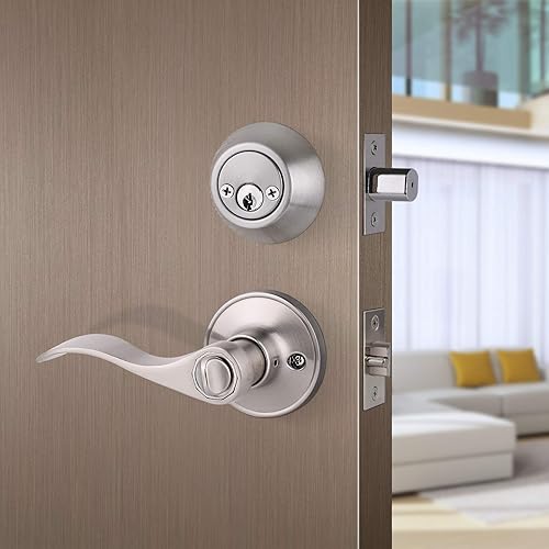 Miniatura 3 de Juego de cerradura de palanca de puerta delanteraexterior con cerrojo de doble cilindro con llave similar, acabado de níquel satinado, paquete de 1