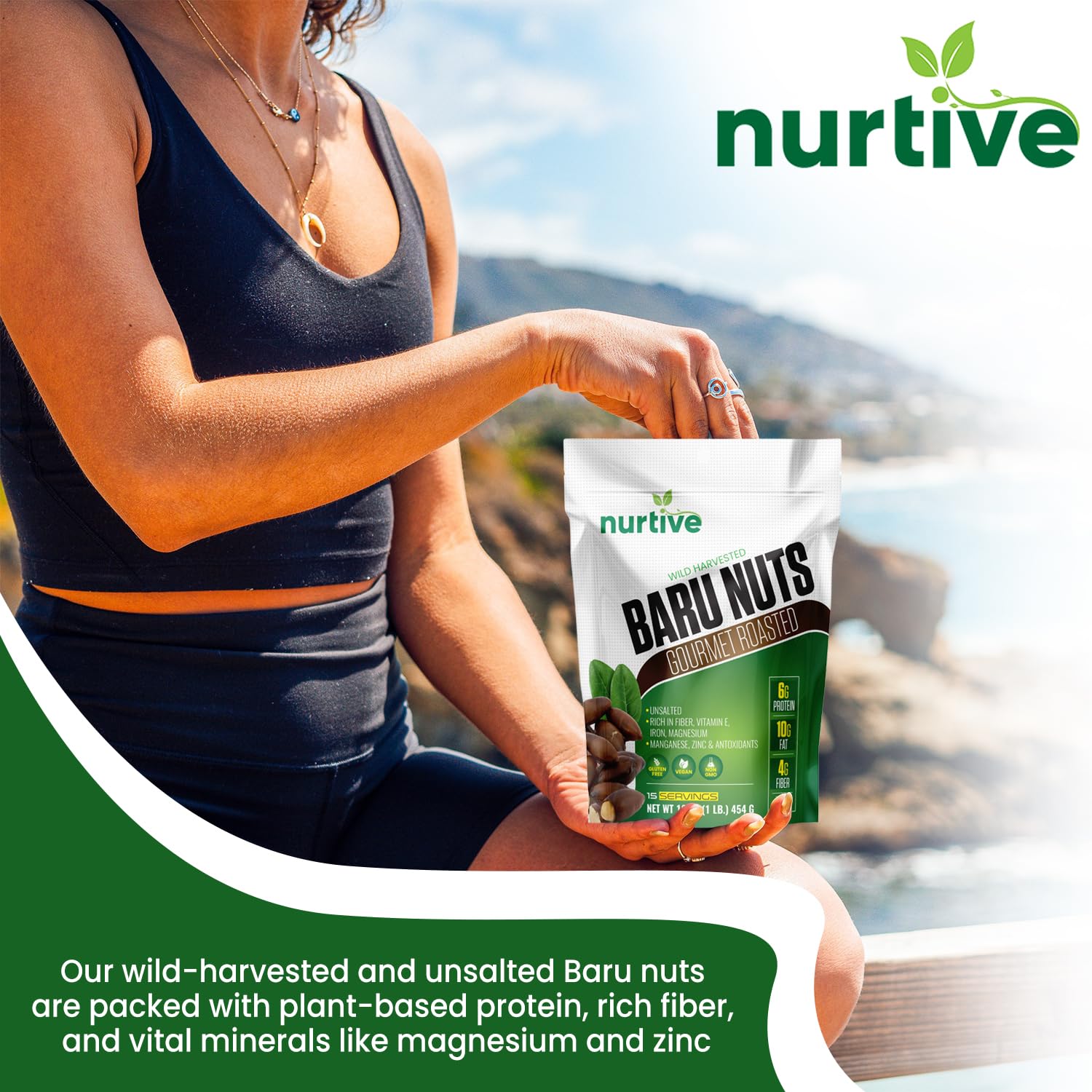 Nurtive Baru Nuts - Gourmet Roasted - Wild Harvested & Unsalted - Plant-Based Protein, Rich in Fiber, Essential Minerals and Antioxidants - Non-GMO, Gluten-Free, Paleo & Vegan Friendly (16 oz / 454 g)
