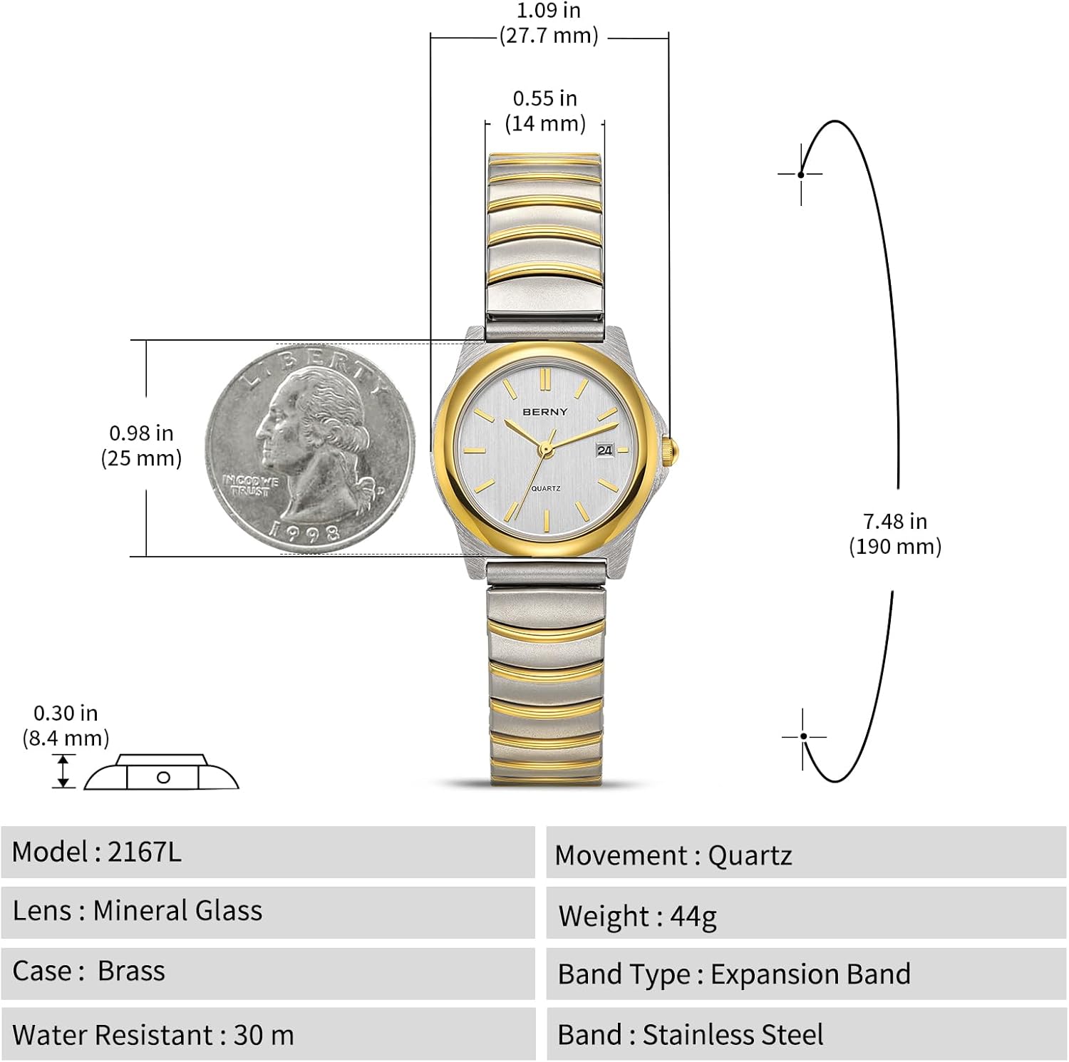 BERNY Dainty Watches for Women with Elastic Band Ladies' Analog Quartz Watch Ultra Thin Golden/Silver Two-Tone Stainless Steel Expansion Strap 3ATM Waterproof