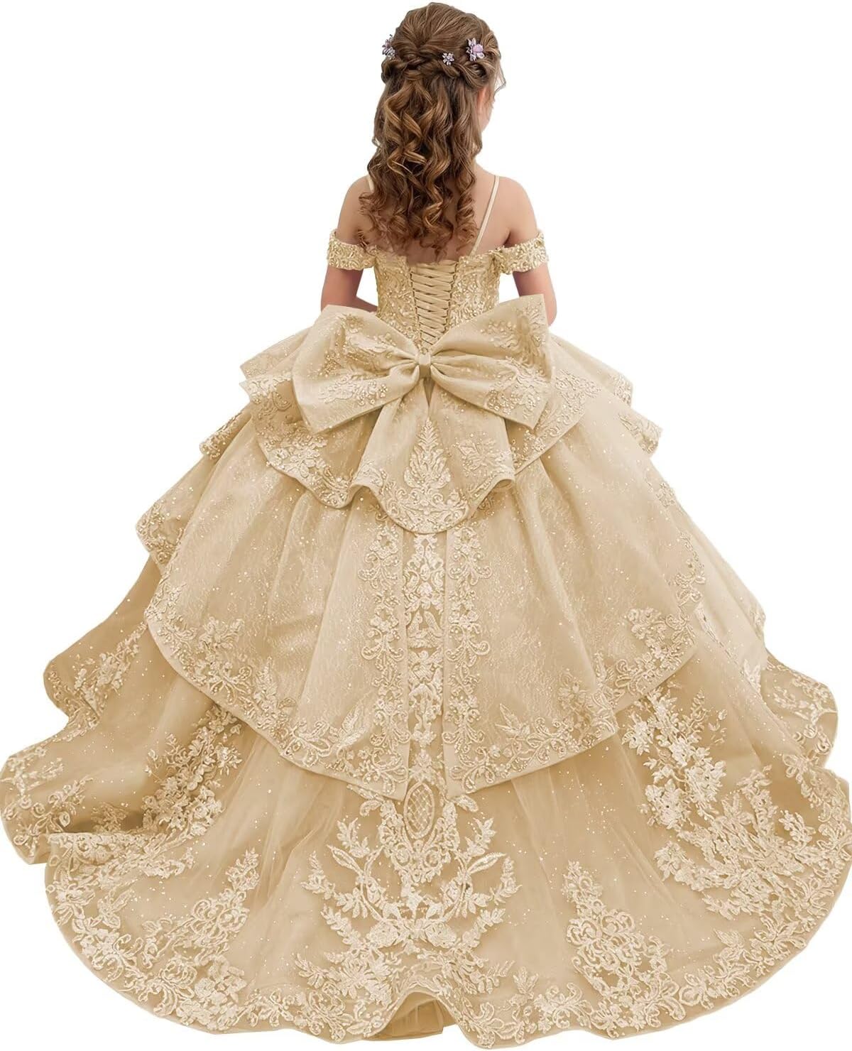 Lace Appliques Flower Girl Dresses for Wedding Layered Tulle Off Shoulder Pageant Dresses for Girls Ball Gown with Bow