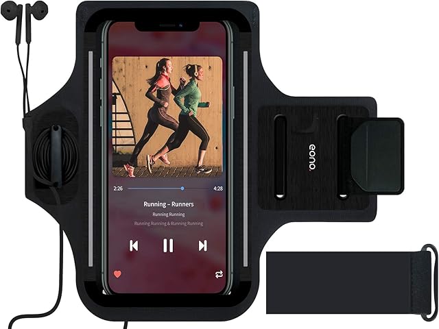 Amazon Brand - Eono Running Phone Armband for iphone, Samsung & Phones, Arm Phone Holder for Running, Cycling, Hiking & Outdoor Activities + Free Extender (Black)
