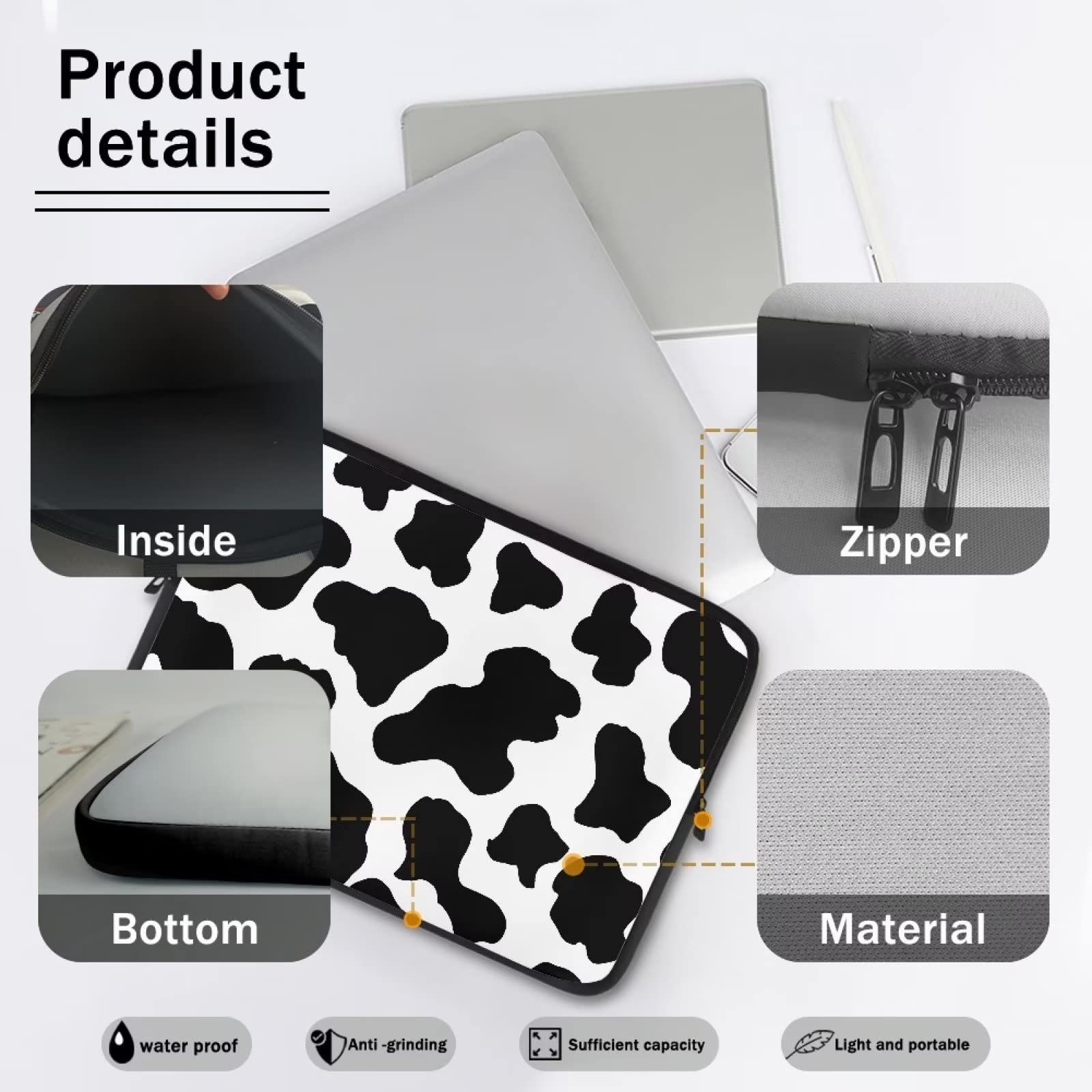 Tongluoye Funny Cow Print Laptop Sleeve Case - White & Black Neoprene Zipper Pouch For 13-15" Laptops | Waterproof, Shockproof, Travel Organizer