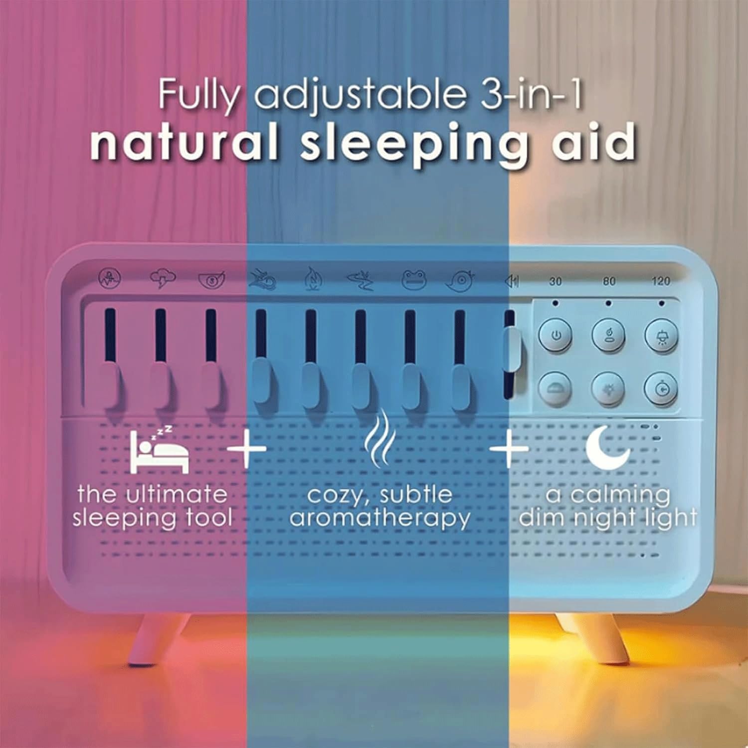 Biały szum nocny nawilżacz powietrza,głośnik Bluetooth Sound Machine do snu,olejowy aromaterapeutyczny dyfuzor płomienia nawilżacz powietrza,8 grup dźwięków natury i pojemność zbiornika na wodę 200 ml