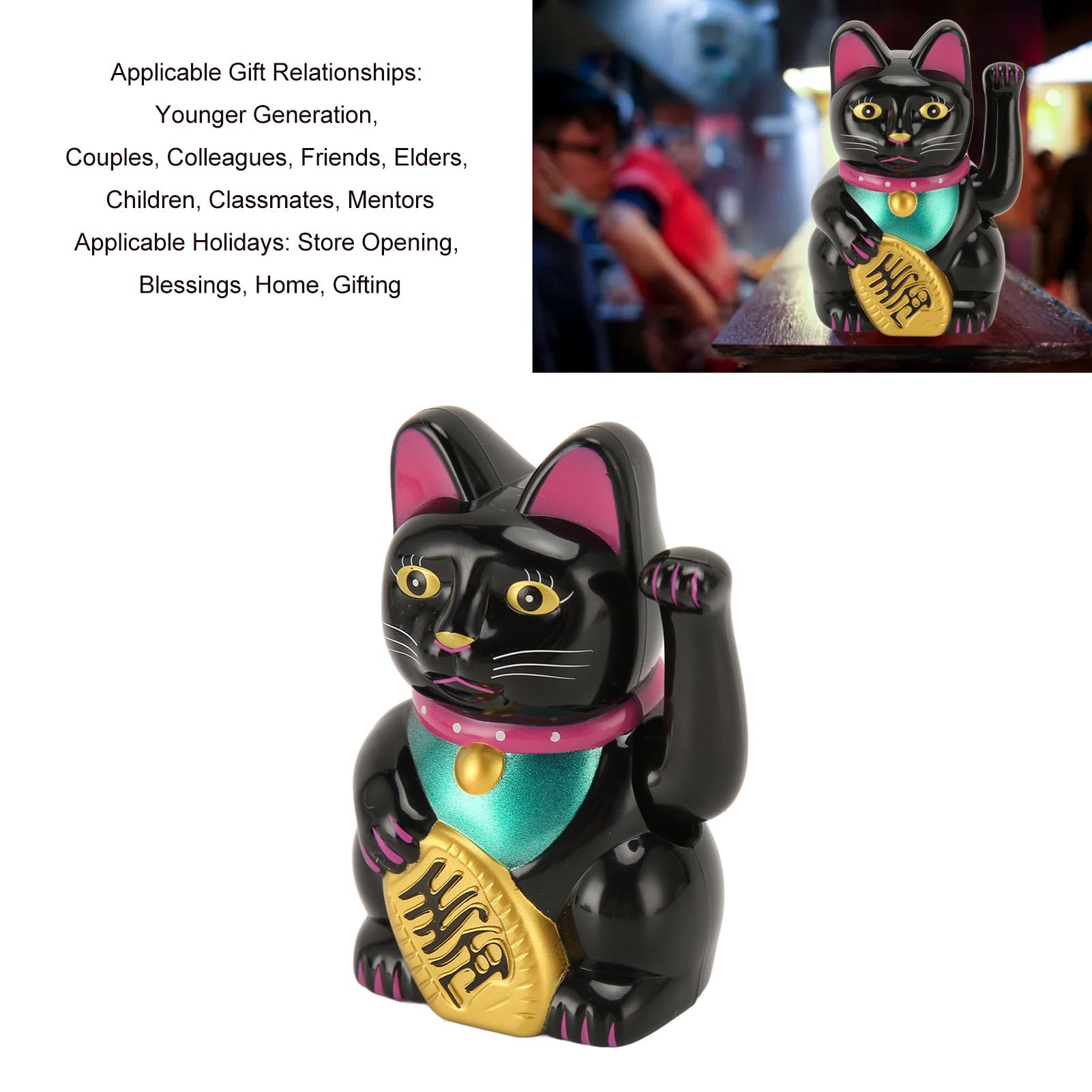 Solar Powered Cute Waving Cat, Adorable Solar Lucky Fortune Cat Brignt Color for Business (Black MLY23056 5)