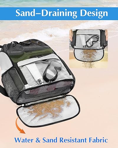 Miniatura 2 de Mochila de playa a prueba de arena con compartimento para zapatos y bolsillo húmedo, bolsa de natación de malla impermeable para piscina, Beige