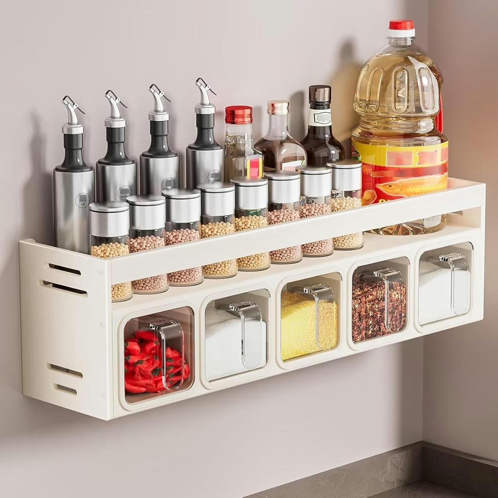 Estante de especias montado en la pared para cocina, 5 recipientes para hierbas y especias con asas, ideal para sal azúcar y condimentos, especias blancas para almacenamiento en encimera