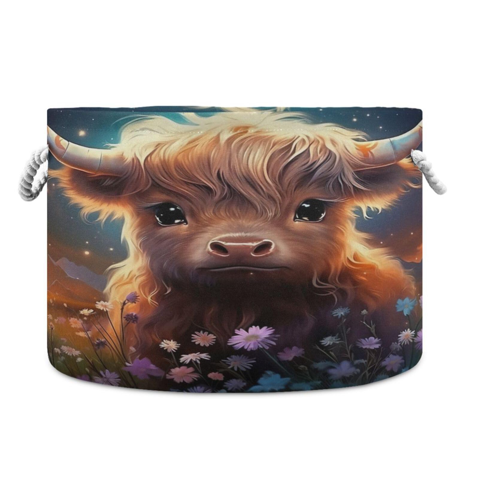 Round Cute Baby Cow Flower Storage Basket Large Organizer Bin Laundry Hamper Toy Storage Basket with Handle for Nursery Clothes Toys 202b4819