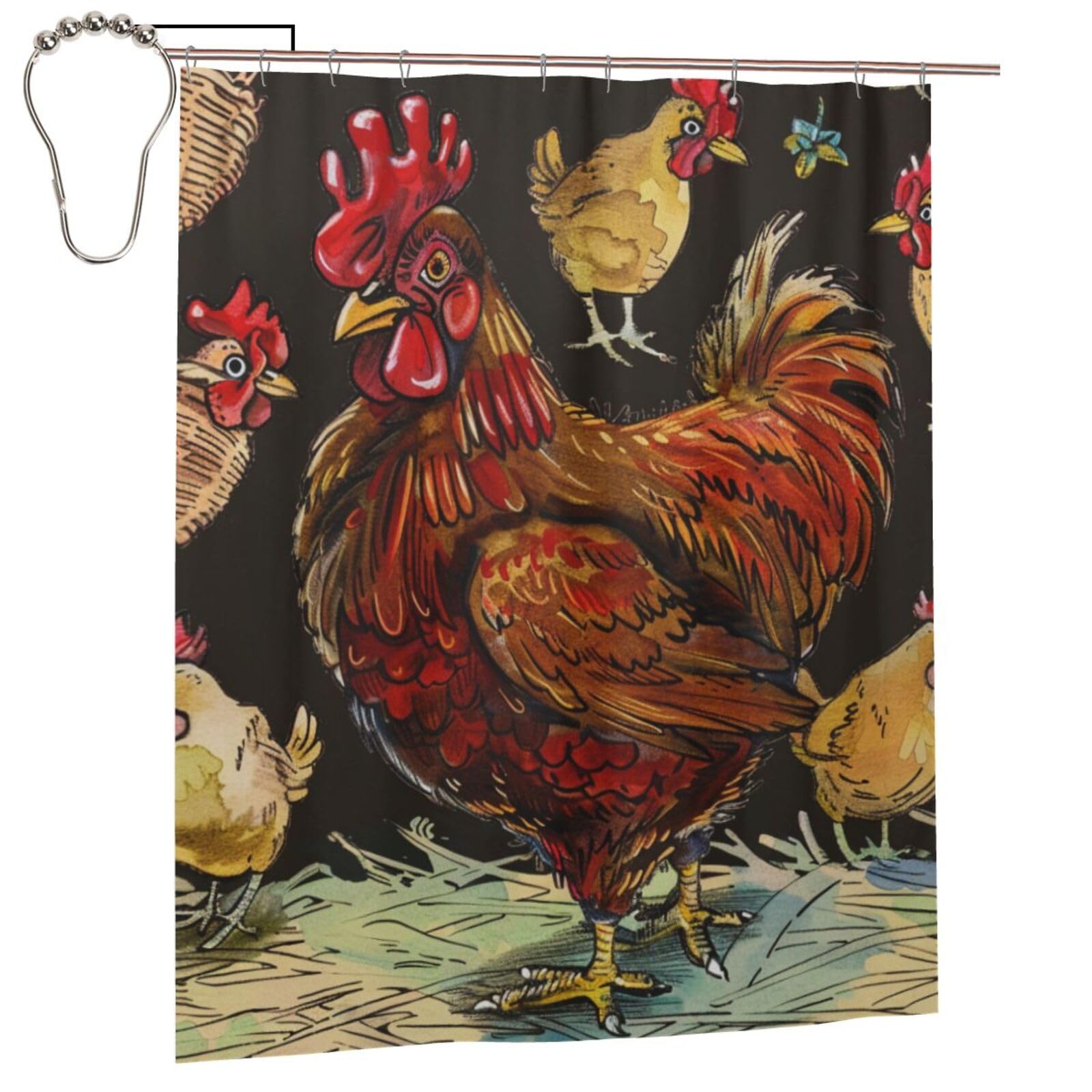 BWWHCCTI Chicken Print Printed Shower Curtain With 12 Iron Hooks Opaque Quick Drying Waterproof Shower Curtains Sets For Bathroom 152x183 Cm