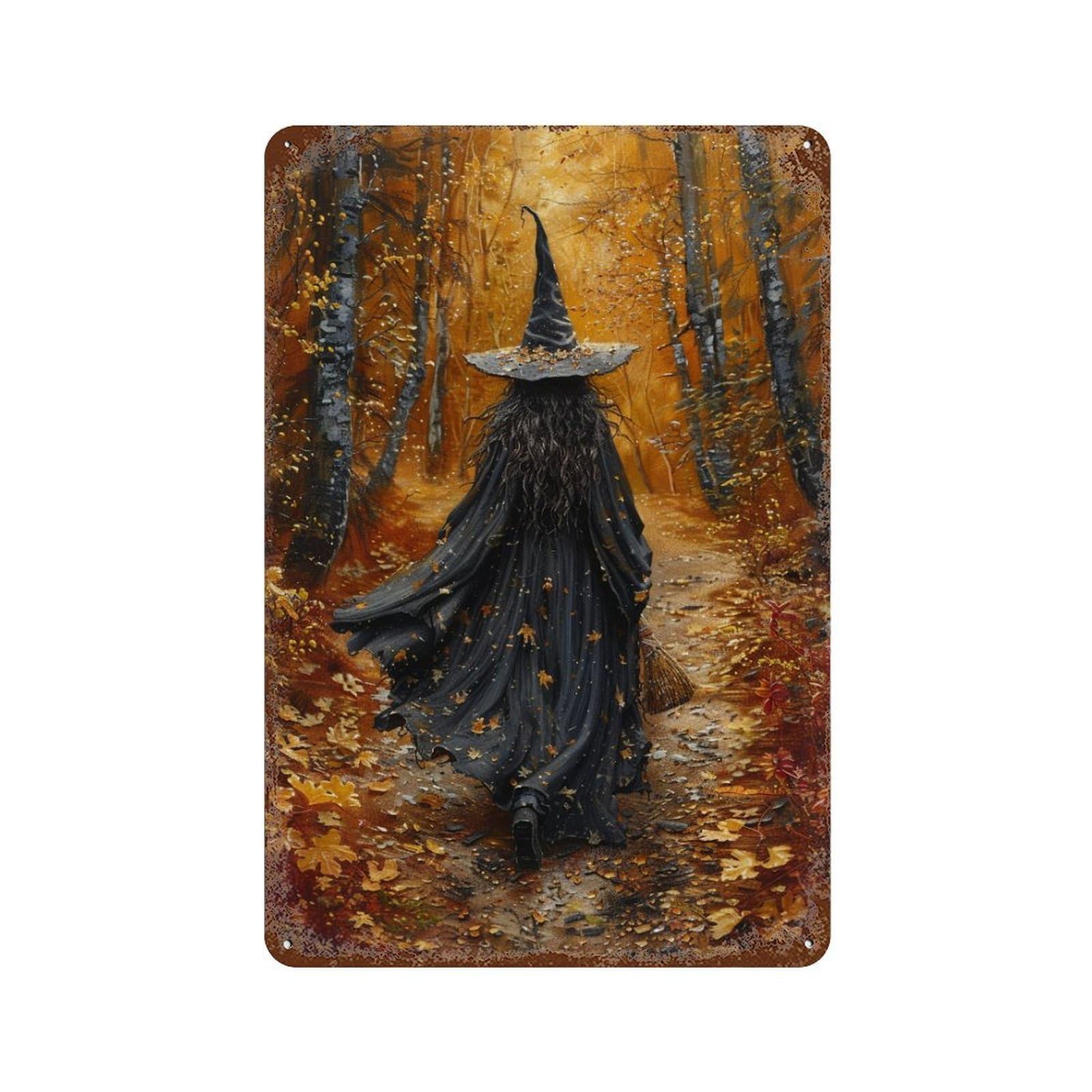 Garage Style Witch in Autumn Forest-5 Rust Effect Tin Sign 11.8"x7.9", Rustic Home Decor for Bar And Workshop