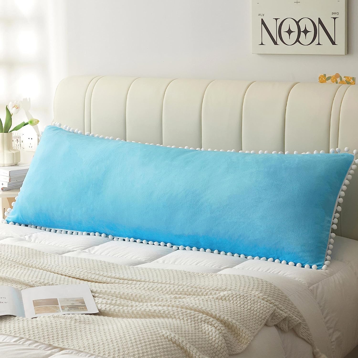 CottonFry Solid 250 TC Ultra Soft Velvet Body Pillow Cover/Case Pillowcase with Hidden Zipper, Zippered Body Pillow Case (Sky Blue with Pompom, Standard), 1 piece