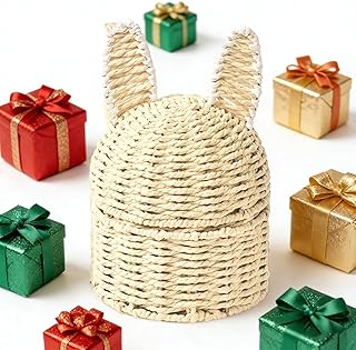 イースターバニーバスケット - 装飾ギフトホルダー、織物スナックコンテナ、バニーデザインの手織り天然繊維バスケット、ホリデーストレージキャリングハンドル、春パーティー卓上整理