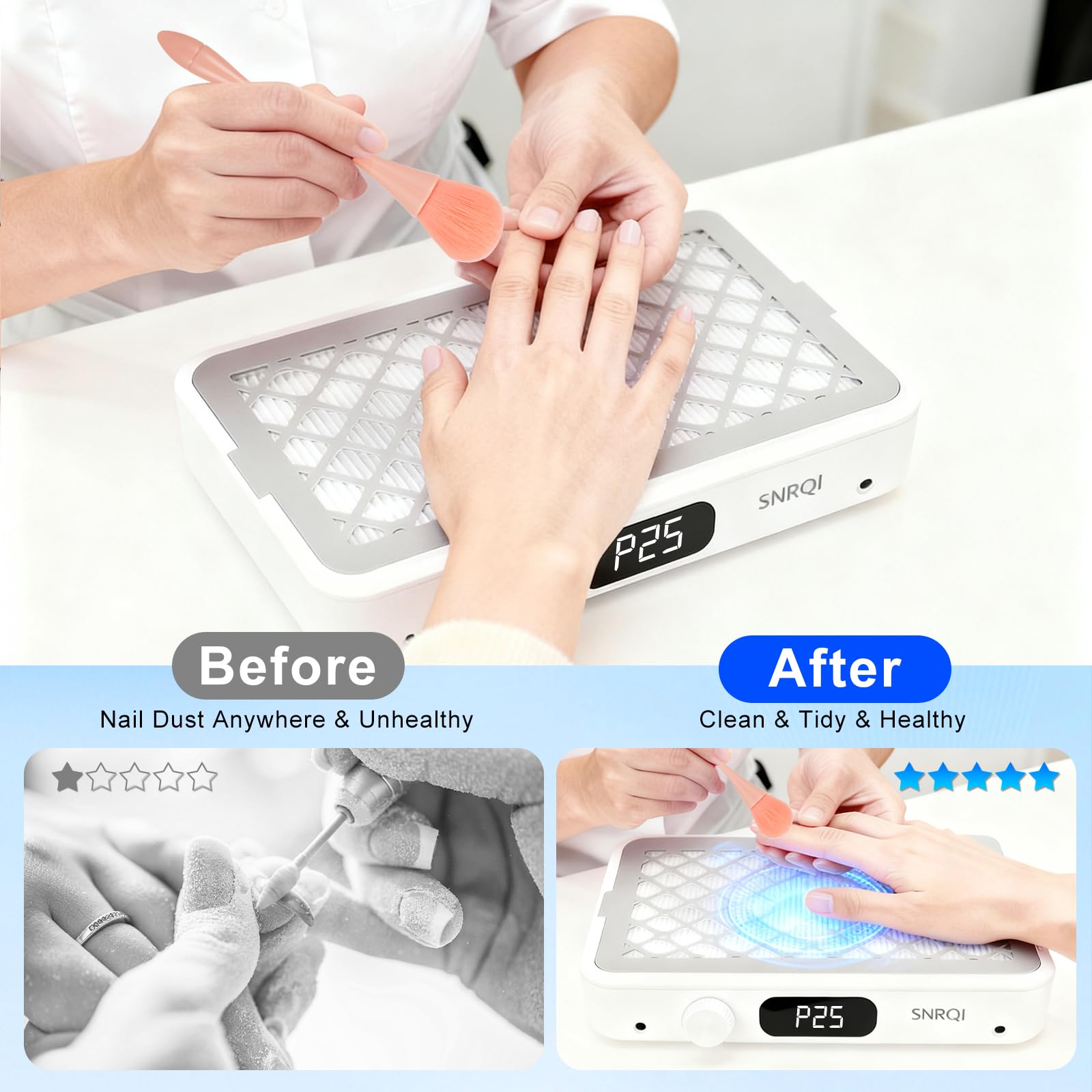 Aspirador Profesional de Polvo para Uñas, Aspirador de uñas 7000 RPM, Extractor de Polvo de Uñas Potente Doble succión de 120W con Filtro, Velocidad Regulable Aspirador Manicura para uñas
