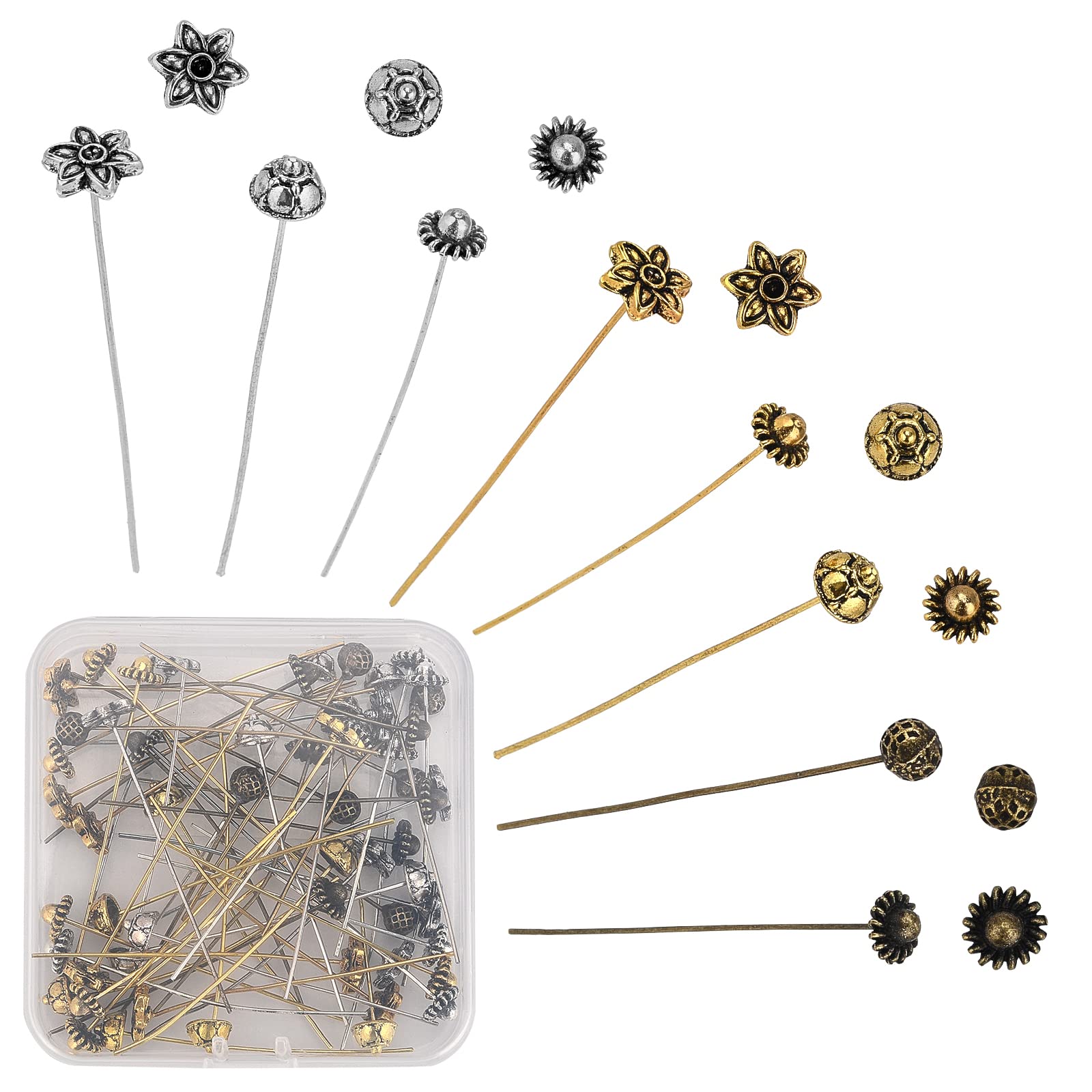 SUNNYCLUE 1 Box 64Pcs 8 Styles 2/2.1inch Flower Head Pins Antique Tibetan Style Ball Head Pins Needles HeadPins Eye for Jewellery Making Findings UK Women DIY Earrings Crafts Supplies