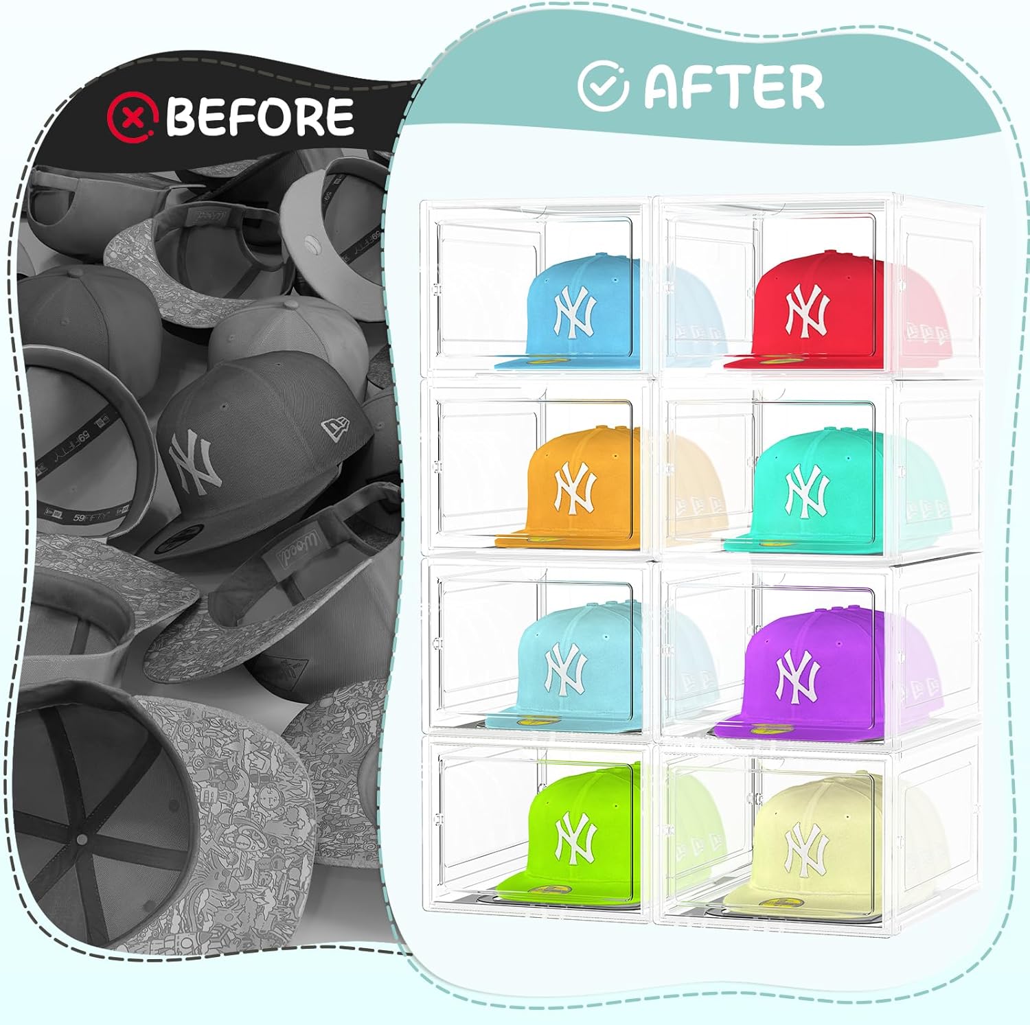 SCAVATA 6 Pack Hat Organizer Box, Stackable Clear Baseball Caps Holder Box Containers with Magnetic Door for Hats Snapback Cap Storag, Hat Rack Display Case, Holds 8 Hats Each (Clear)