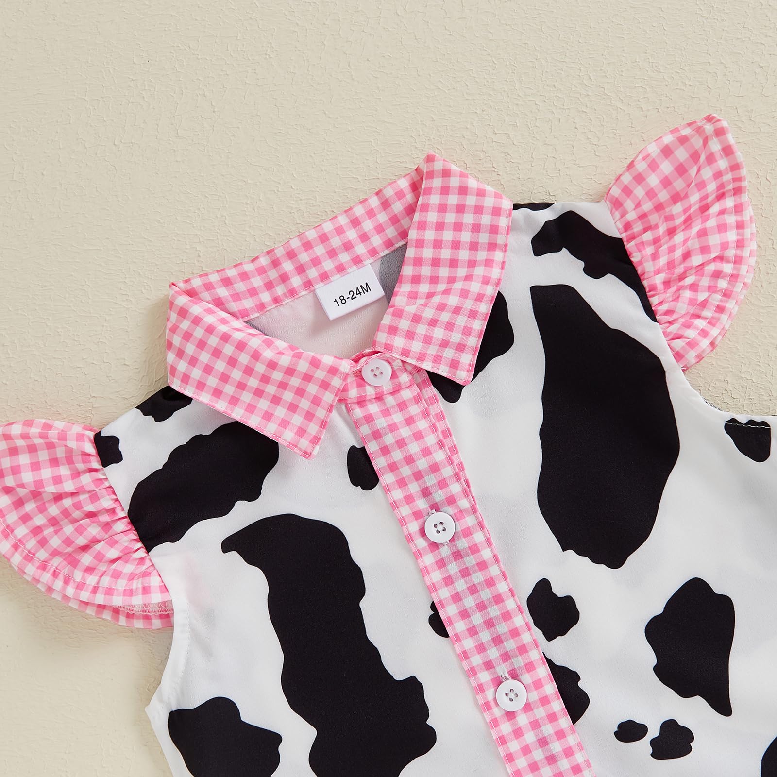Western Baby Mädchen Denim Outfits Kuhdruck Rüschen Ärmel Knopfleiste Tops mit Schleife Weites Bein Jeans Shorts Set