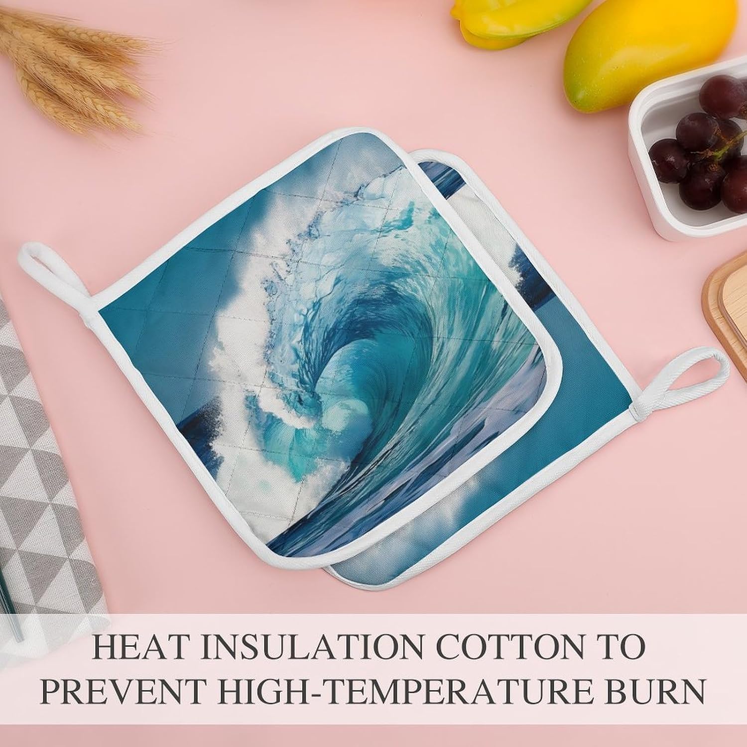 Pot Holder Set of 2 Wave Printed Potholders for Kitchens Heat Resistant & Non Slip Potholders for Kitchen Cooking Baking BBQ