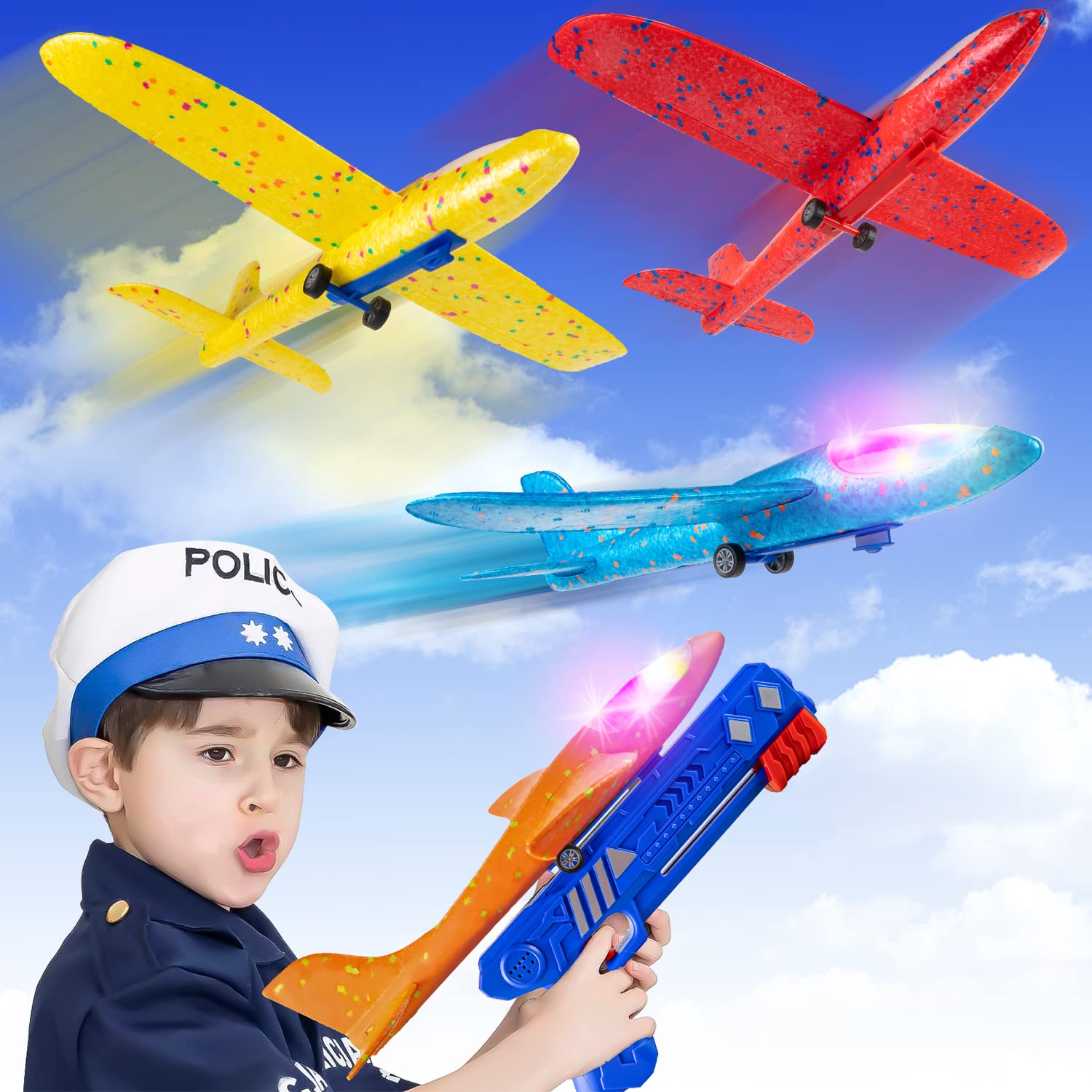 HONGTEYA 5 Pack Airplane Launcher Toy, 12.6" LED Glider Plane, 2 Flight Mode Catapult Plane Toy, Throwing Foam Plane with Gun for Kids, Gifts for 4 5 6 7 8 9 10 11 12 Years Old Boys Girls