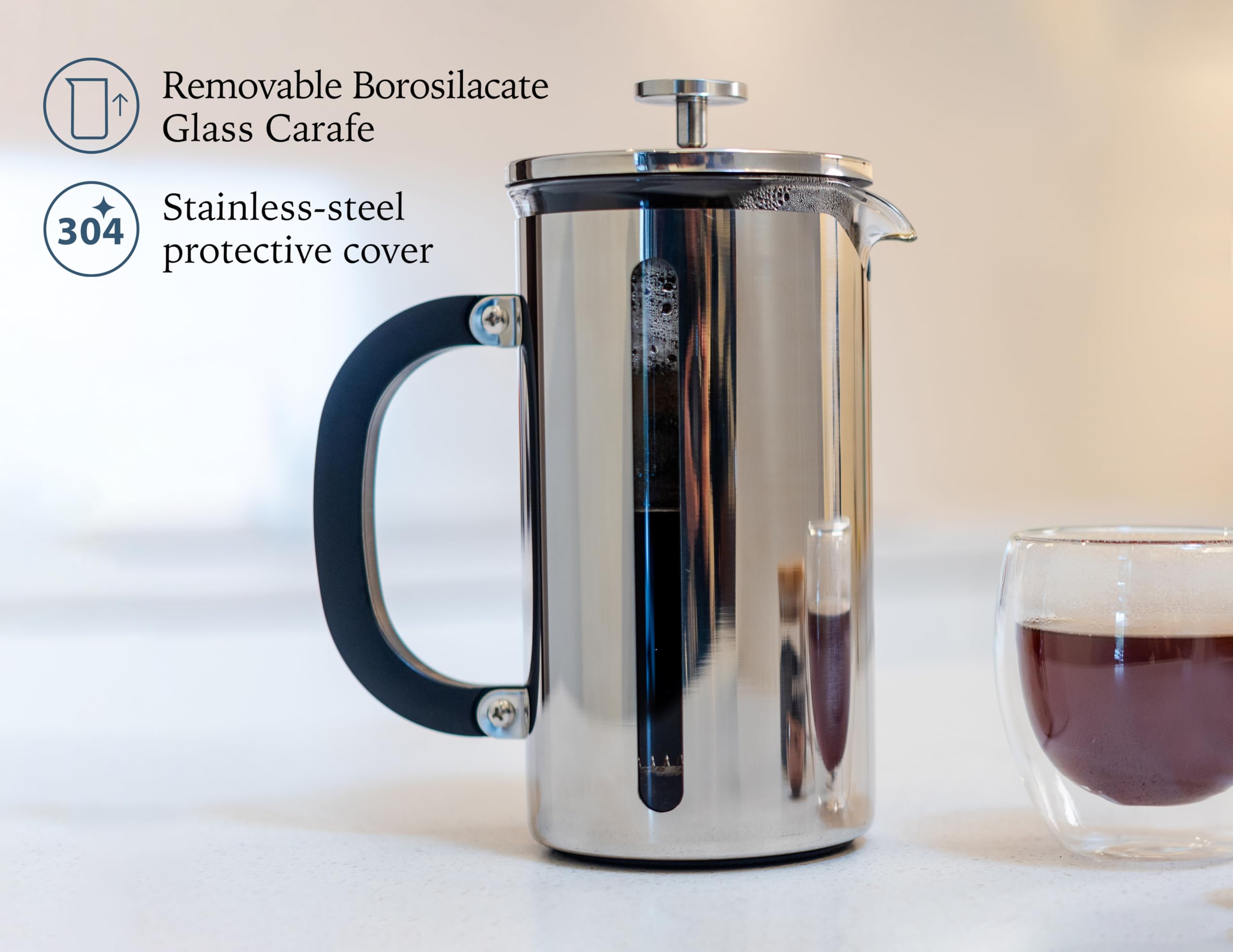 Prensa francesa de vidrio de borosilicato con acero inoxidable 304, capacidad de 1000 ml, elegancia clásica y diseño moderno para los entusiastas del café