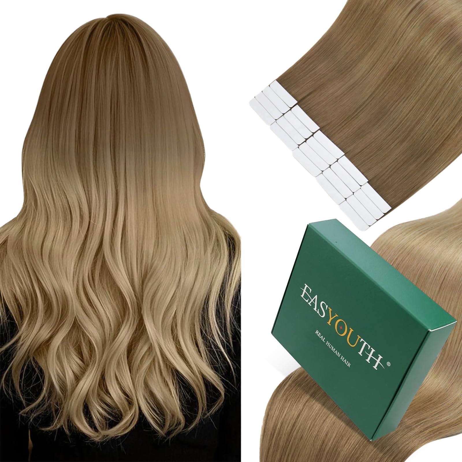 Easyouth Tapes Extensions Echthaar Ombre Blond Weiche #Ba10/14 45cm | Tape Remy Extension Goldbraun Balayage Dunkelgolden Blond, Wiederverwendbarkeit, Unsichtbaren Klebestreifen, 40g, 20stücke