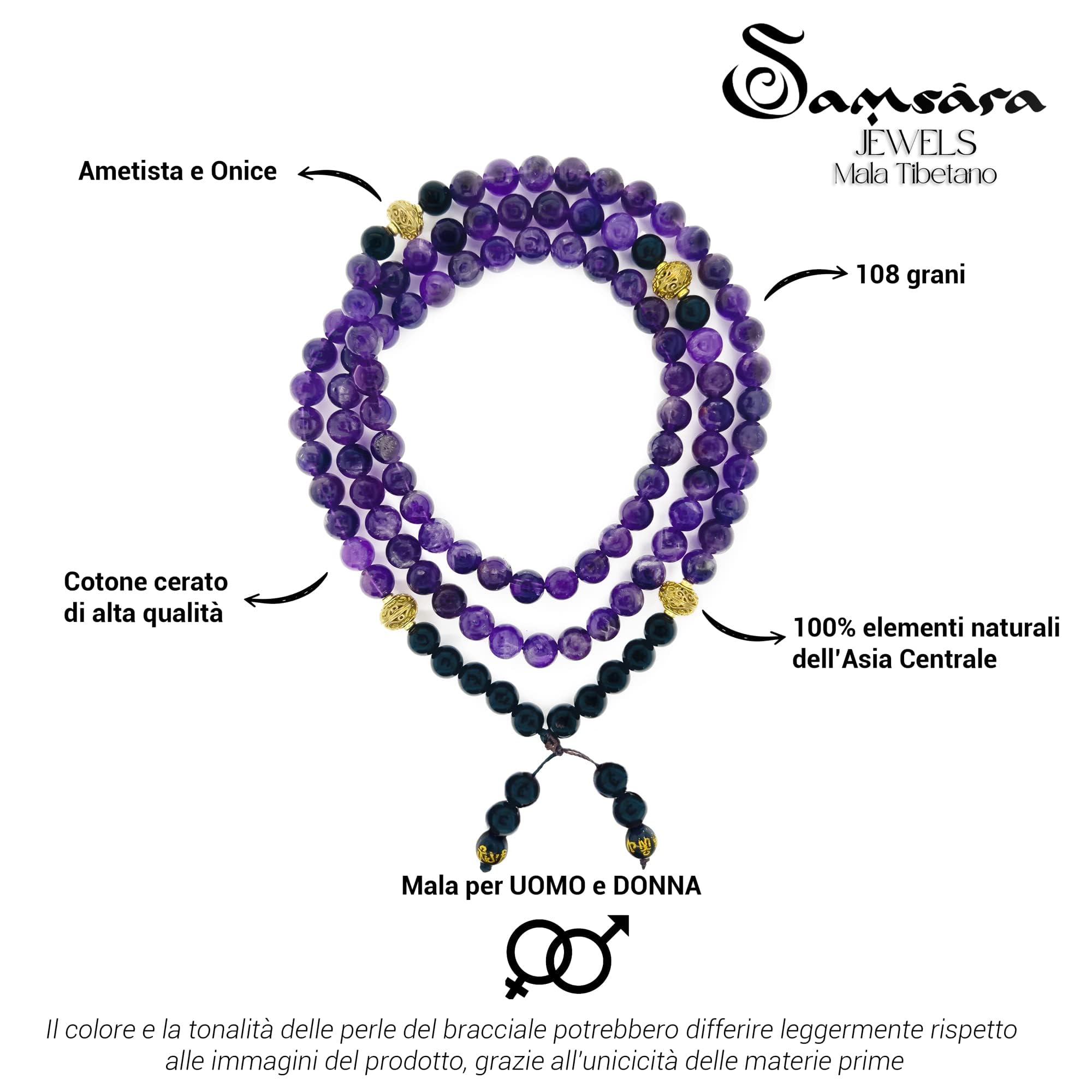Samsara Tibetische Halskette aus Amethyst und Onyx - Tibetisches Mala mit 108 Perlen