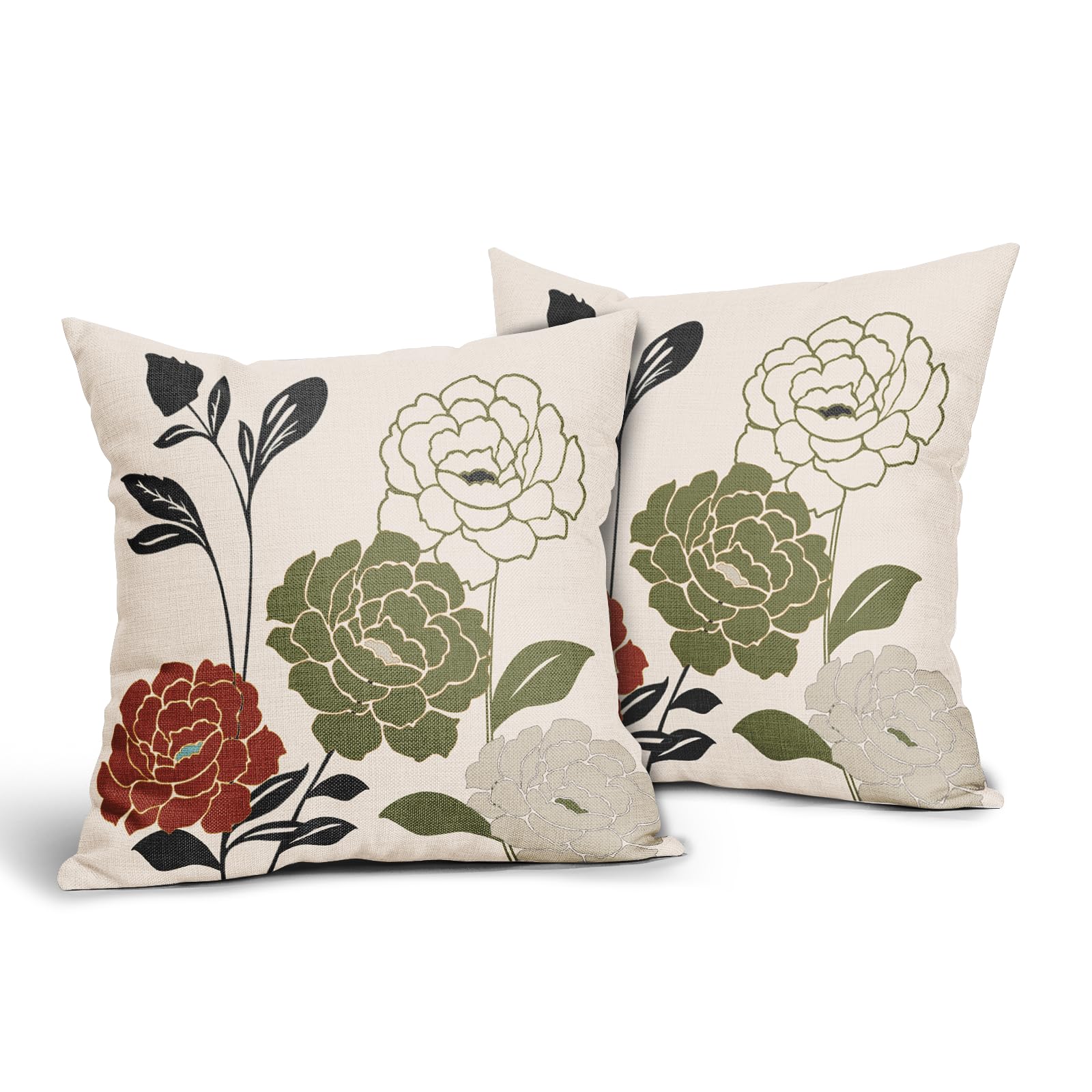 Kawani Set Di 2 Federe Per Cuscini 60x60 Cm Con Margherite – Verde Salvia, Marrone E Beige – Stampa Vintage Fronte/retro