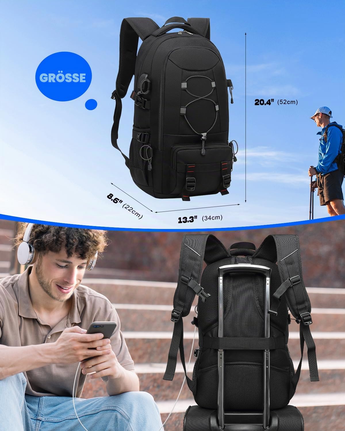 Besttravel Reiserucksack, 45 l, wasserdicht, große Kapazität, für Laptop 43,9 cm (17,3 Zoll), Trekking, Herren, Damen, für Sport im Freien, Camping – Schwarz