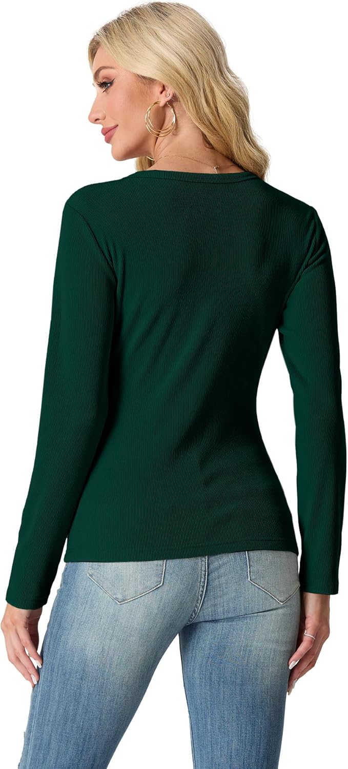 IWOLLENCE Womens Ribbed Long Sleeve Crewneck Casual Slim Basic Shirts Fitted Knit Tops - Image 4